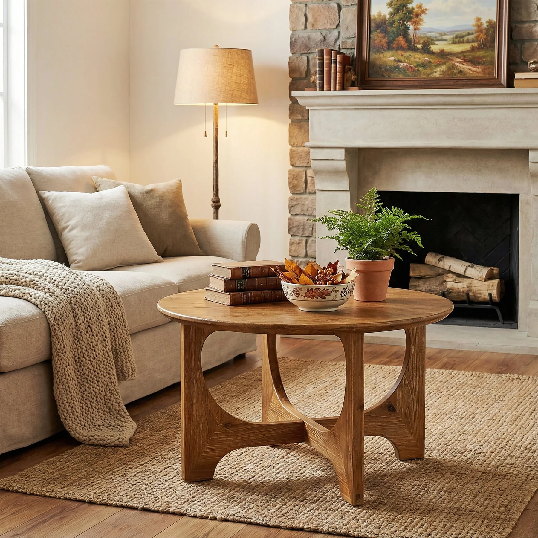 31.5" Round Solid Wood Farmhouse Coffee Table, Rustic Brown Small Space - Image 7