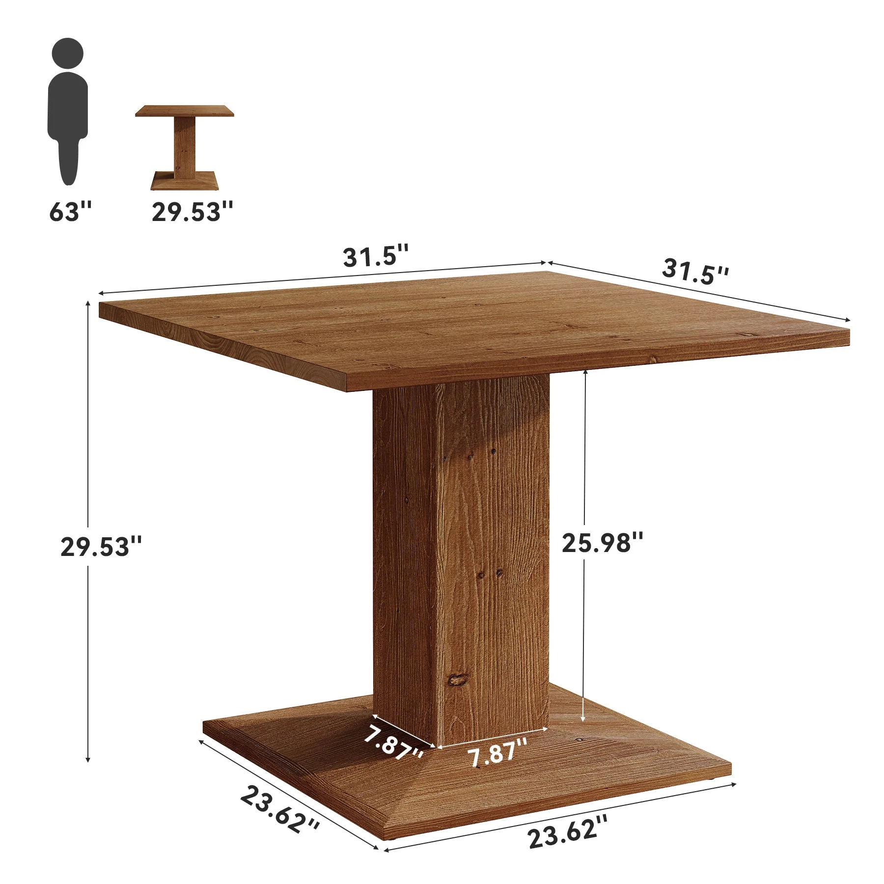 31.5" Square Solid Wood Dining Table for 4, Rustic Pedestal Base Walnut - Image 2