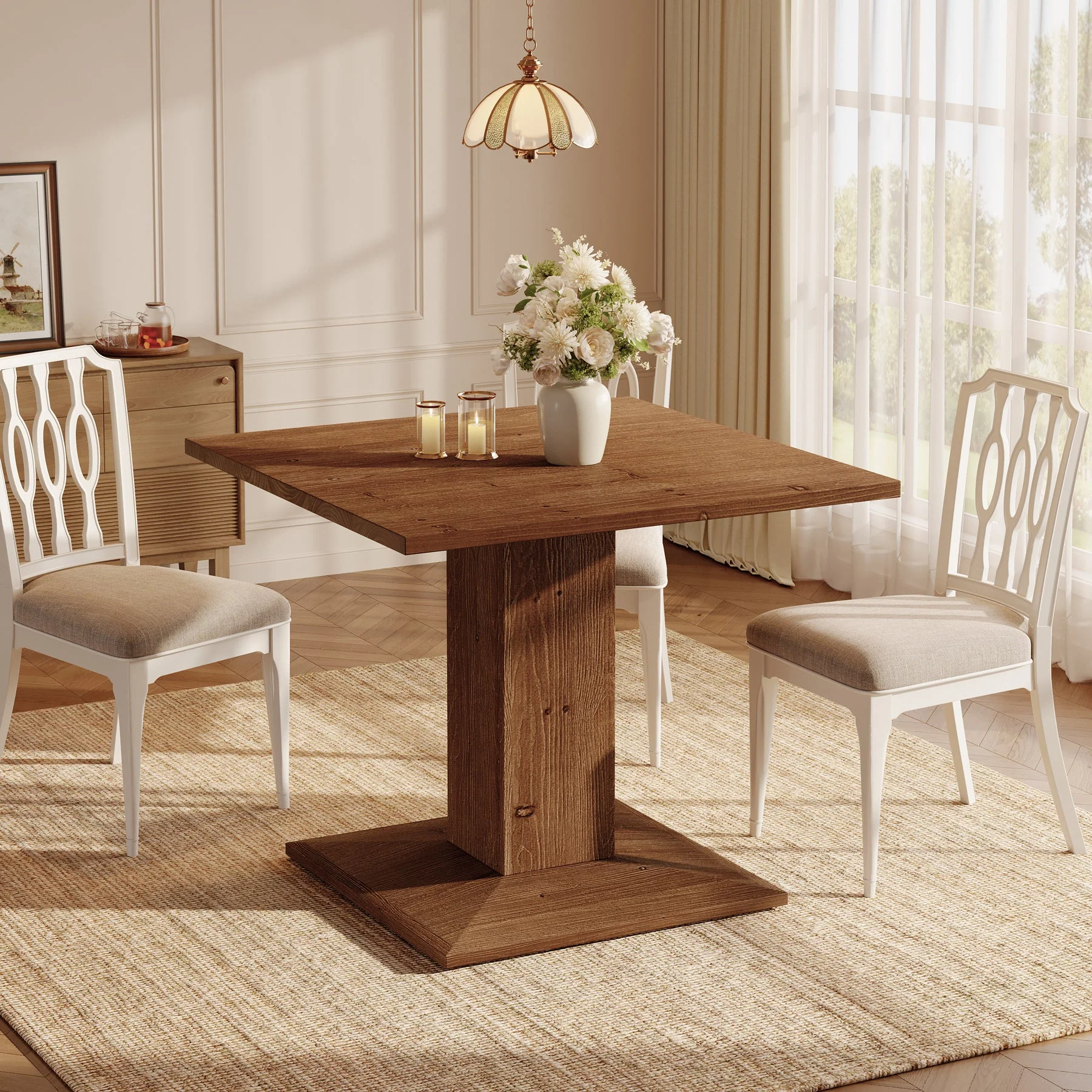 31.5" Square Solid Wood Dining Table for 4, Rustic Pedestal Base Walnut - Image 3