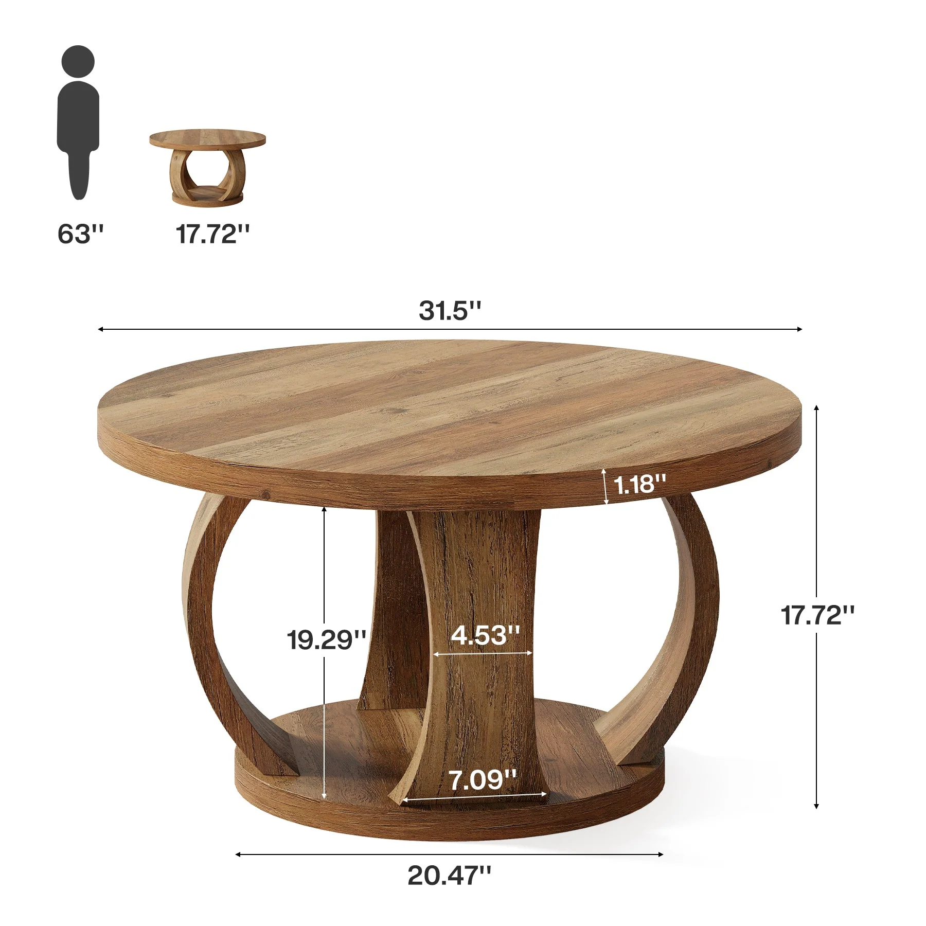 Tribesigns 31.5" Wooden Circle Coffee Table, 2-Tier Storage for Small Spaces - Image 2