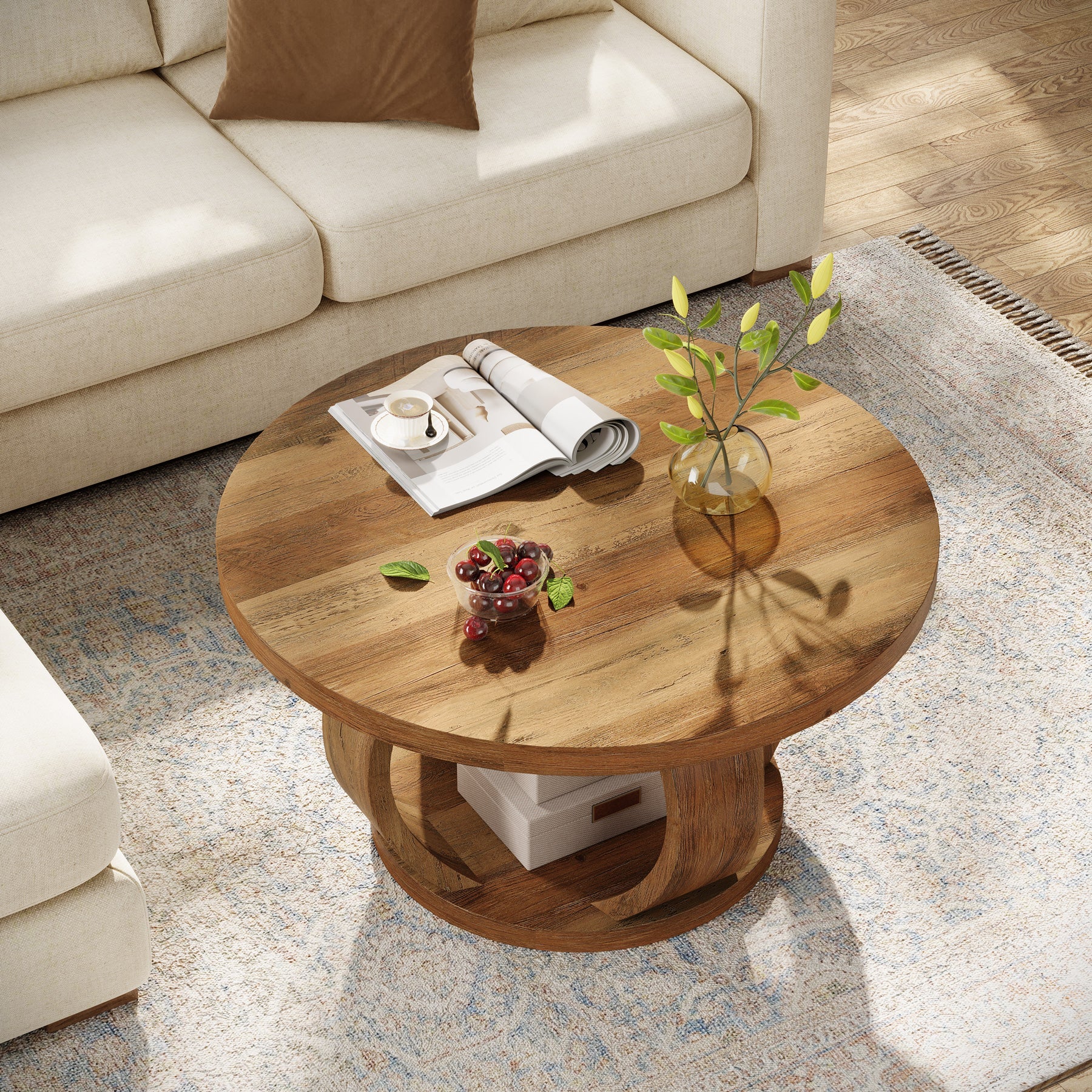 Tribesigns 31.5" Wooden Circle Coffee Table, 2-Tier Storage for Small Spaces - Image 6