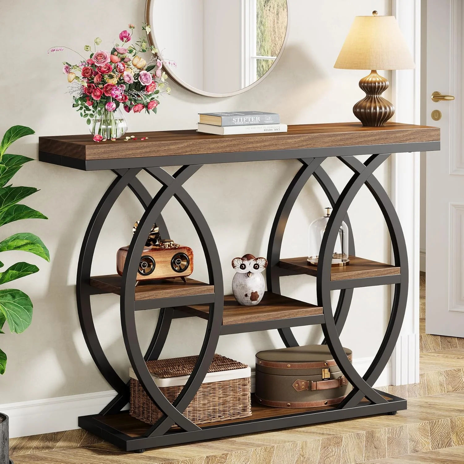 39.4" Industrial Console Table - 4-Tier Narrow Sofa Table with Metal Frame & Storage, Rustic Brown