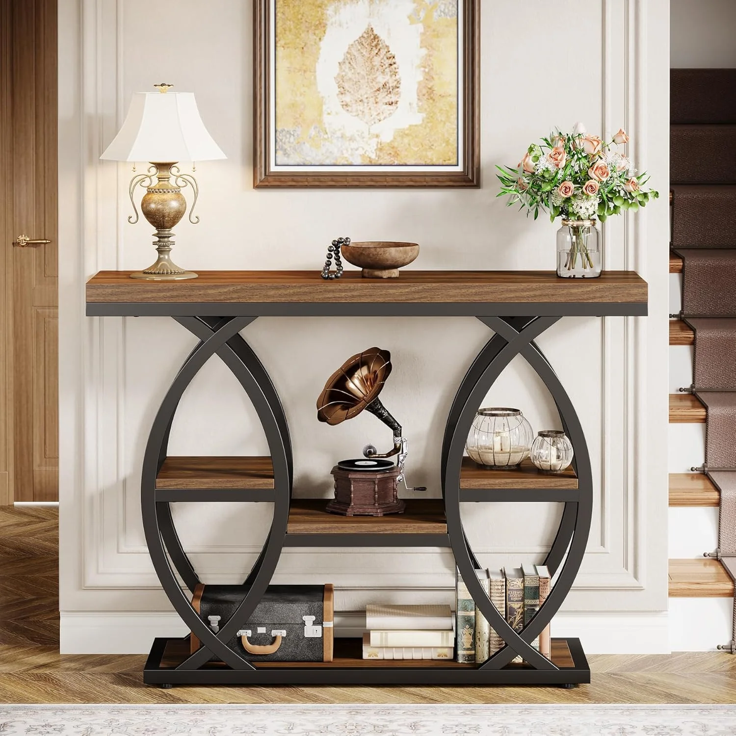 39.4" Industrial Console Table - 4-Tier Narrow Sofa Table with Metal Frame & Storage, Rustic Brown - Image 4