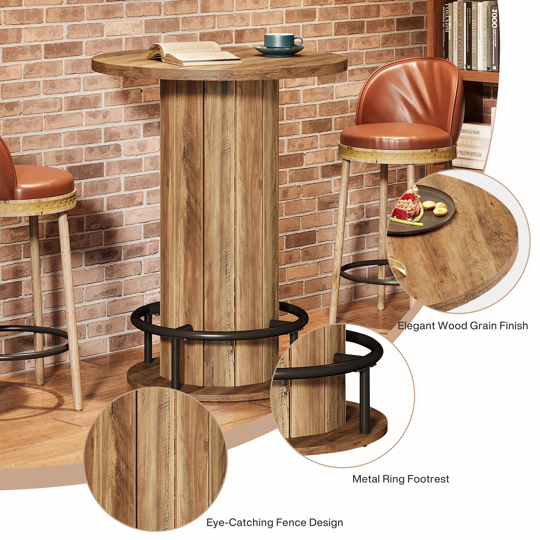 39.4" Round Wood Bar Table, Metal Ring Footrest for Dining & Living - Image 13