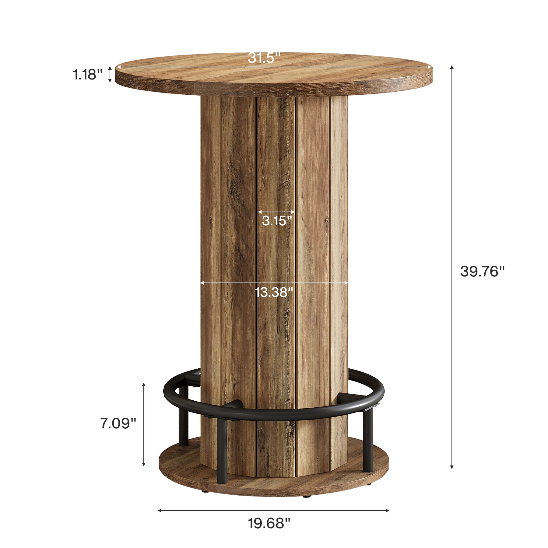 39.4" Round Wood Bar Table, Metal Ring Footrest for Dining & Living - Image 2