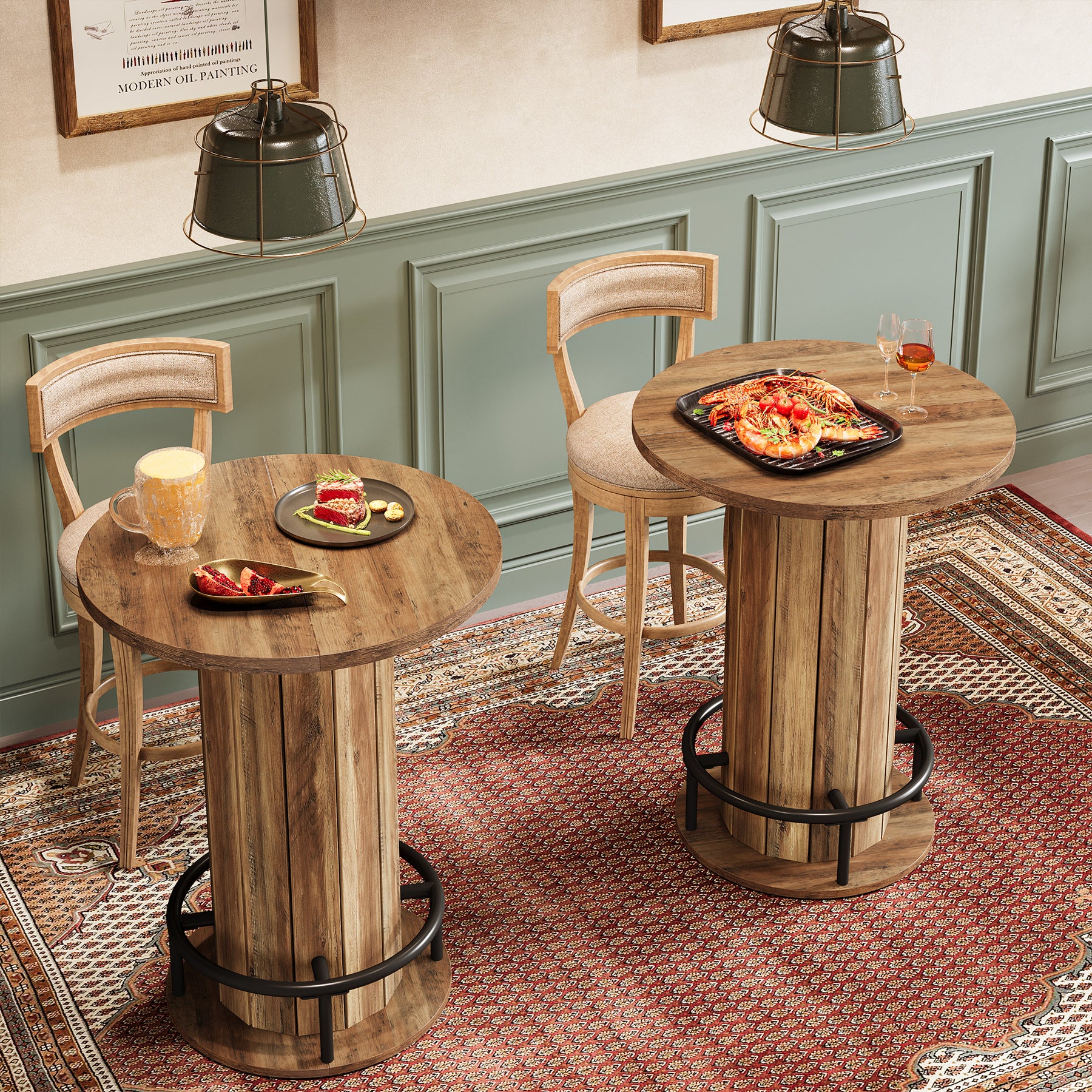 39.4" Round Wood Bar Table, Metal Ring Footrest for Dining & Living - Image 4