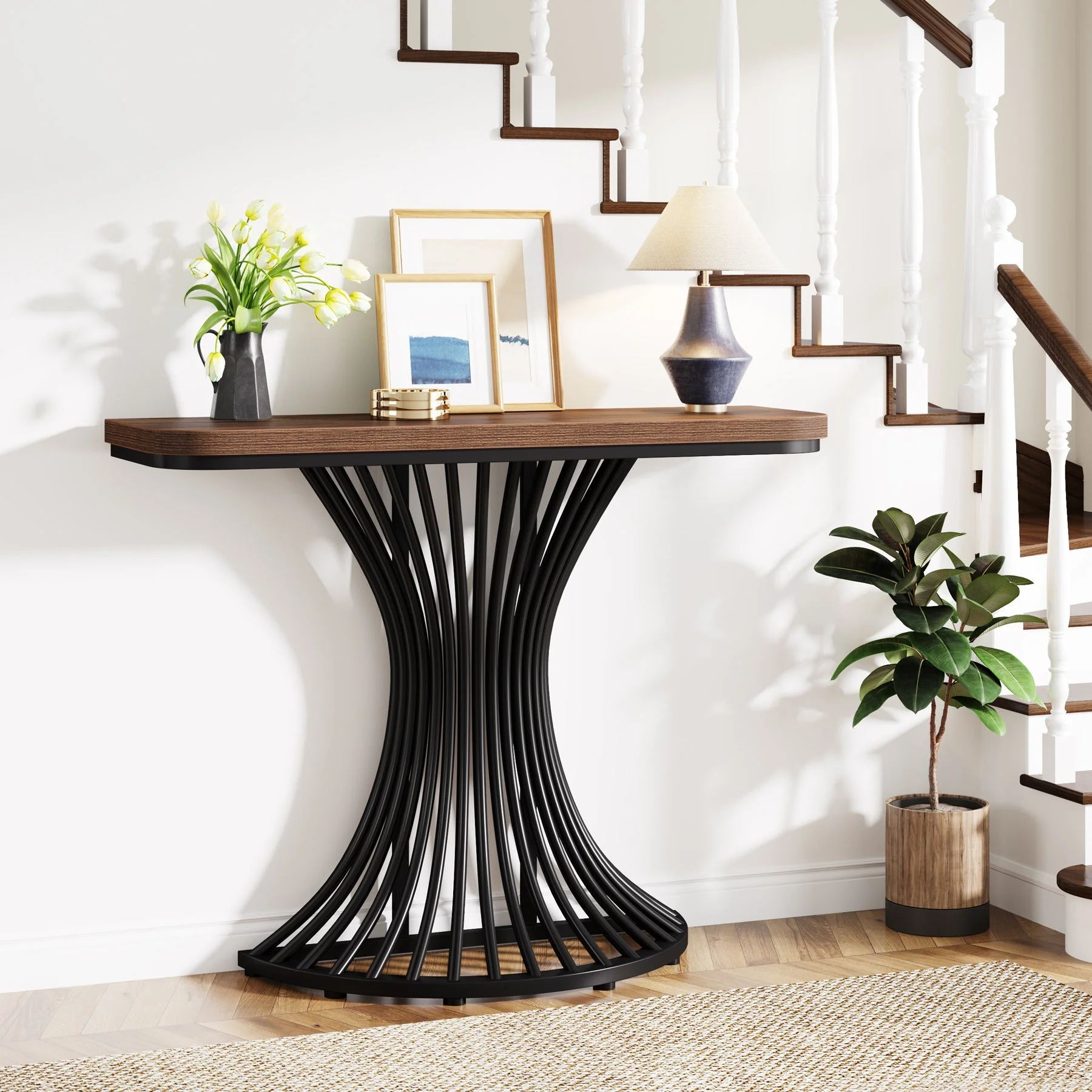 39-Inch Console Table, Accent Sofa Table with Geometric Metal Base - Image 4