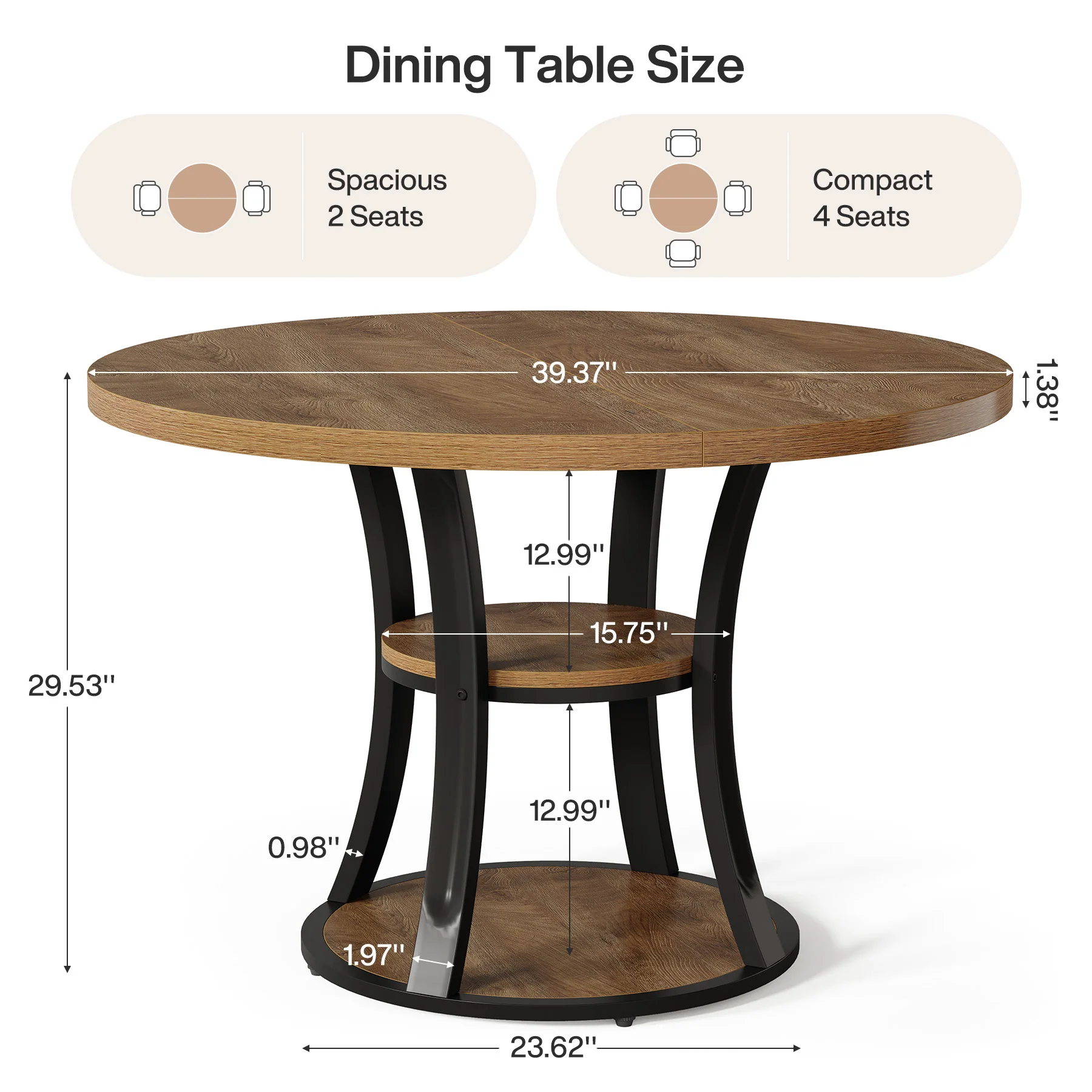 Tribesigns 39-Inch Round Dining Table for 2-4, 2-Tier Pedestal Table with Storage - Image 2