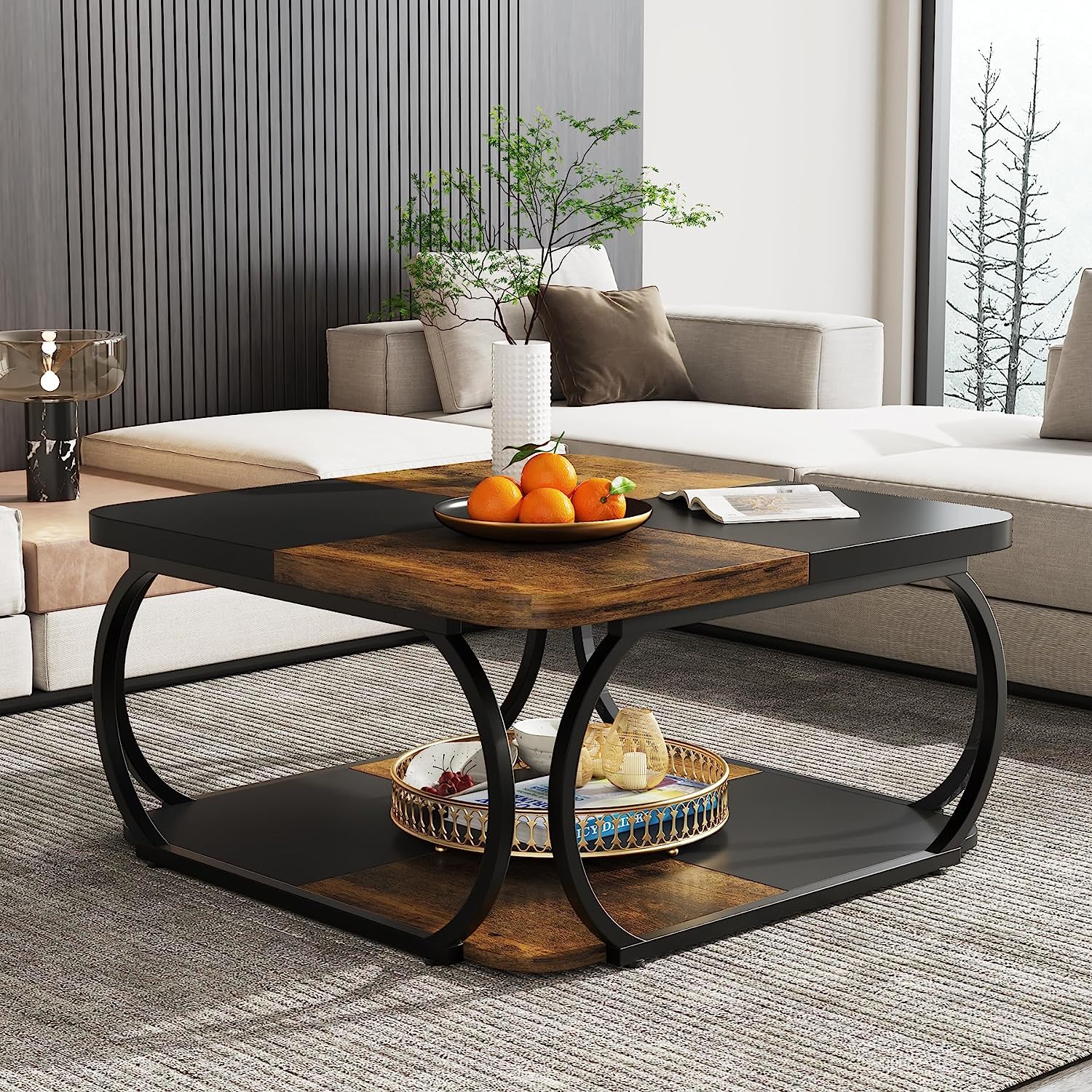 39" Square Coffee Table with 2-Tier Storage, Modern Central Cocktail Table for Living Room