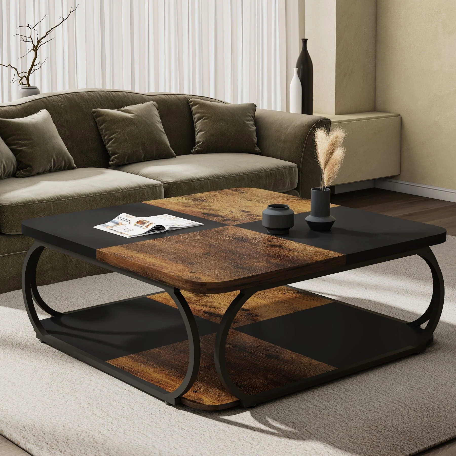 39" Square Coffee Table with 2-Tier Storage, Modern Central Cocktail Table for Living Room - Image 3