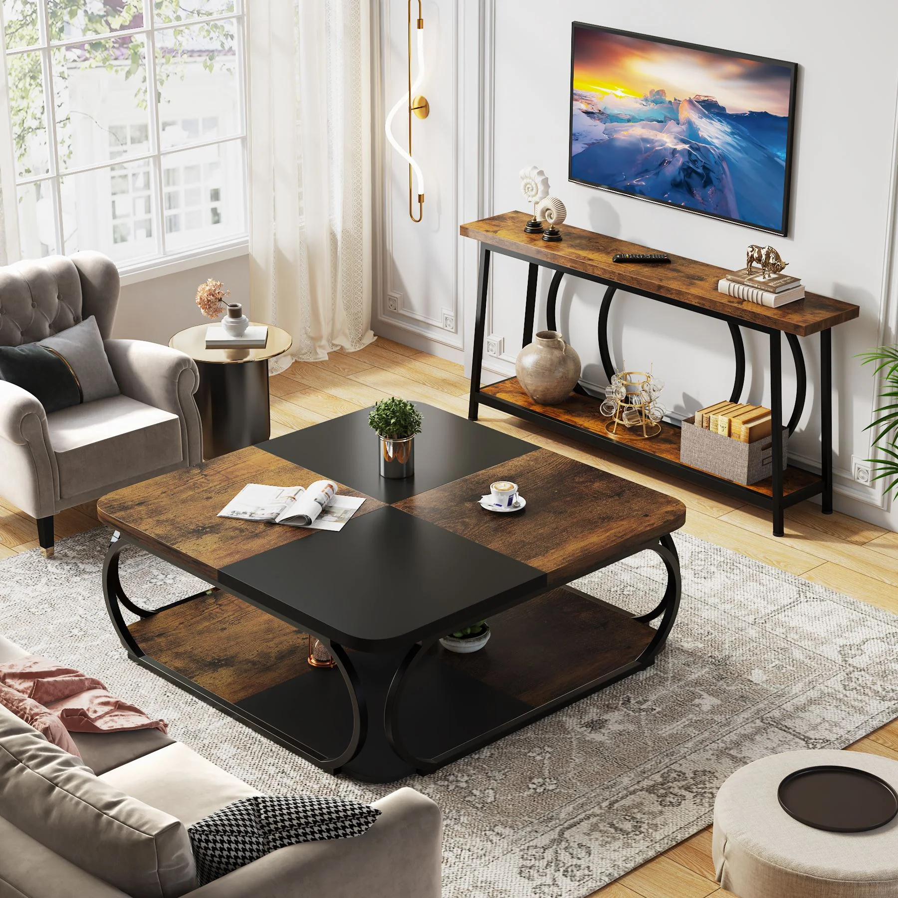 39" Square Coffee Table with 2-Tier Storage, Modern Central Cocktail Table for Living Room - Image 4