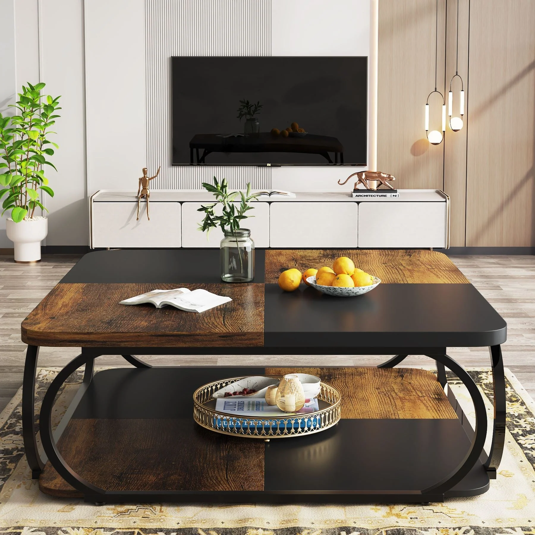39" Square Coffee Table with 2-Tier Storage, Modern Central Cocktail Table for Living Room - Image 5