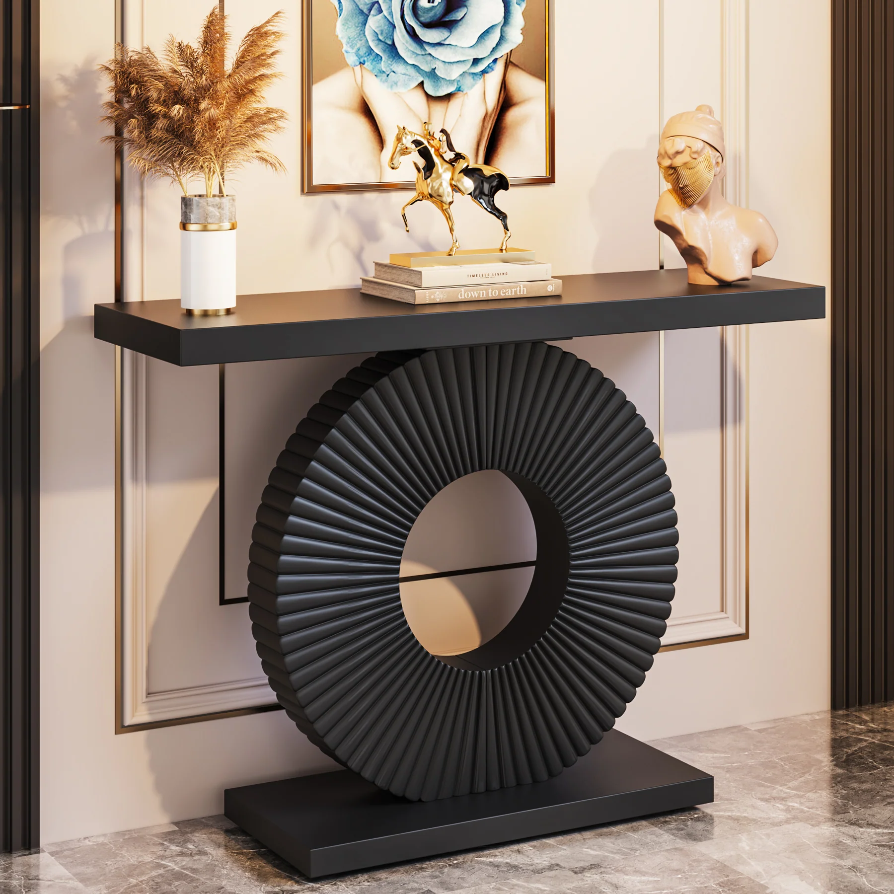 Modern Console Table 40" Wood Sofa Table with Geometric Base - Image 7