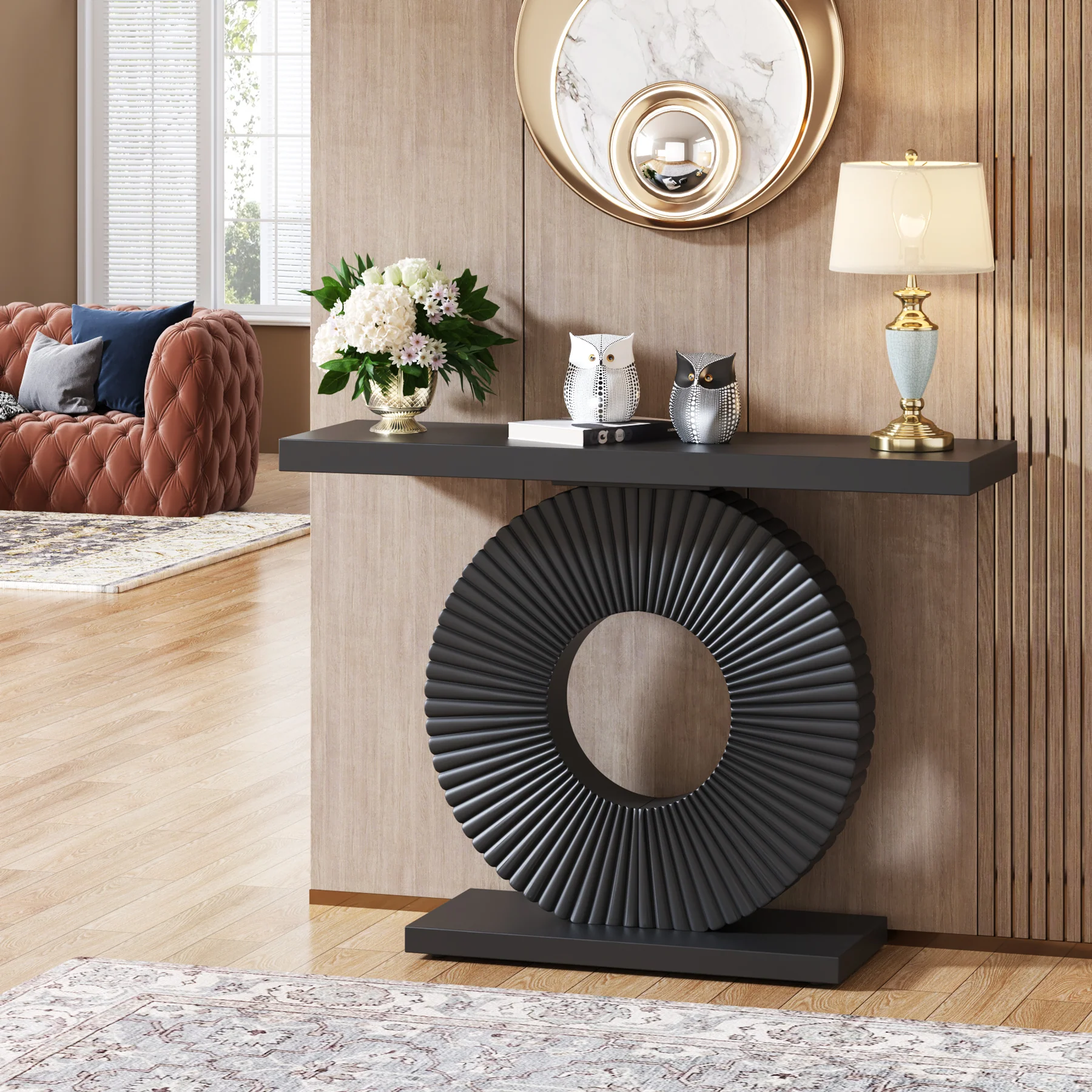 Modern Console Table 40" Wood Sofa Table with Geometric Base - Image 9