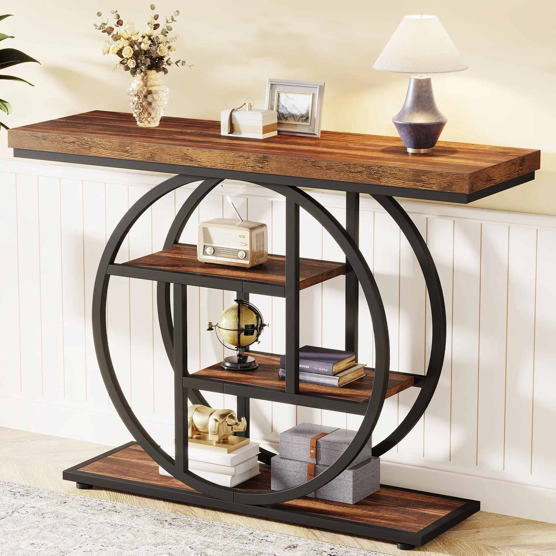 41.3" Console Table, Industrial 4-Tier Sofa Entryway Table with Circle Base - Image 3