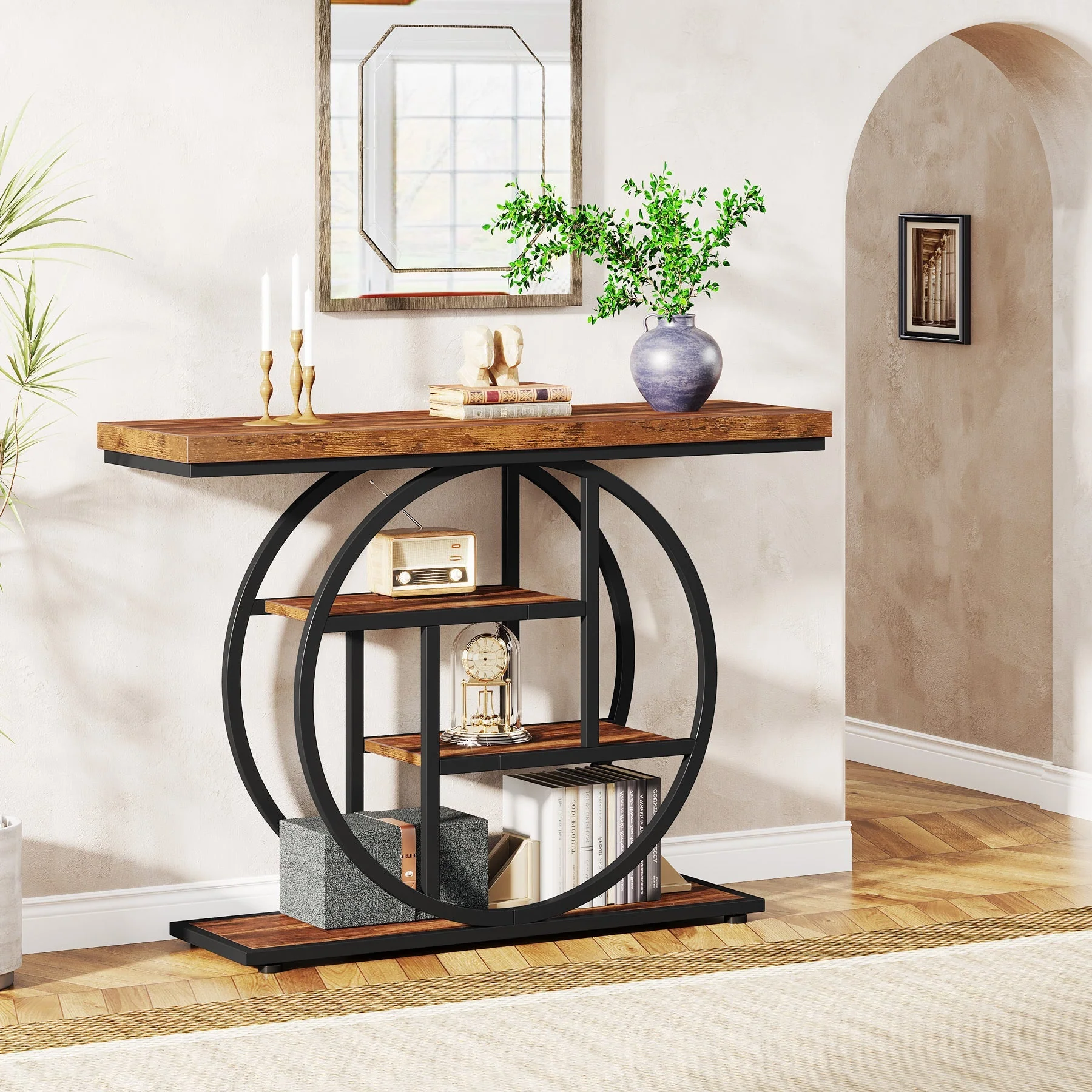 41.3" Console Table, Industrial 4-Tier Sofa Entryway Table with Circle Base - Image 4