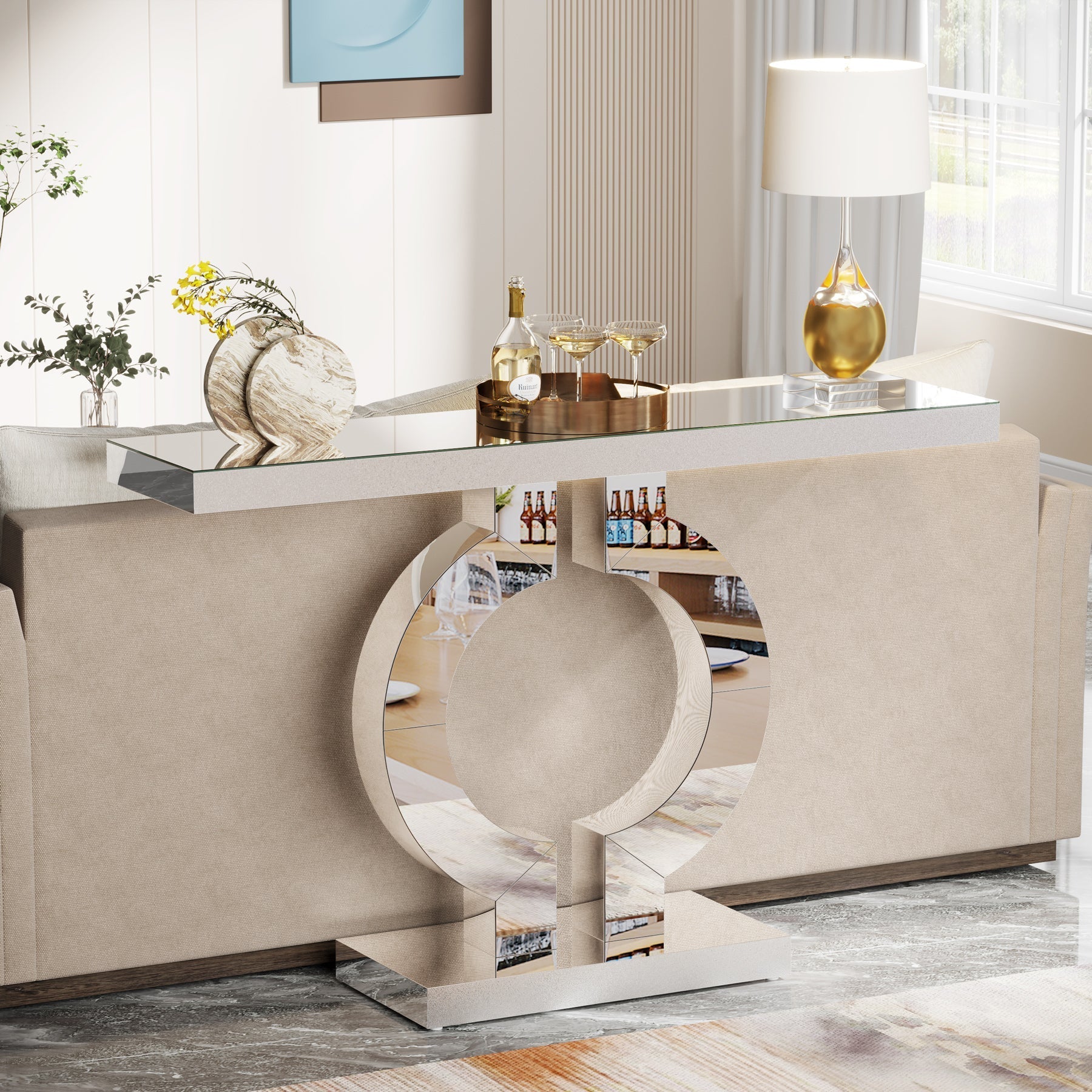 43" Mirrored Console Table, Modern Silver Sofa Table with O-Shaped Base - Image 3
