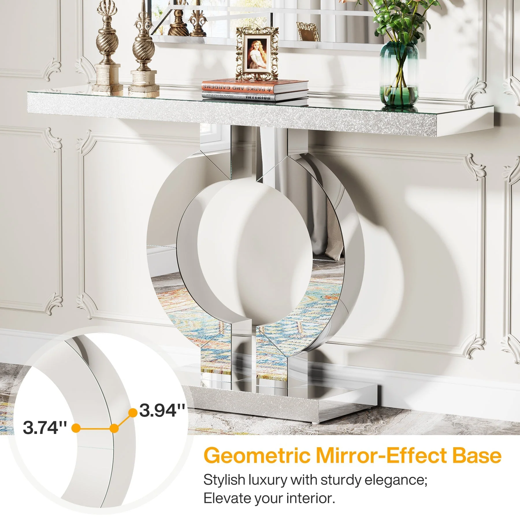 43" Mirrored Console Table, Modern Silver Sofa Table with O-Shaped Base - Image 4