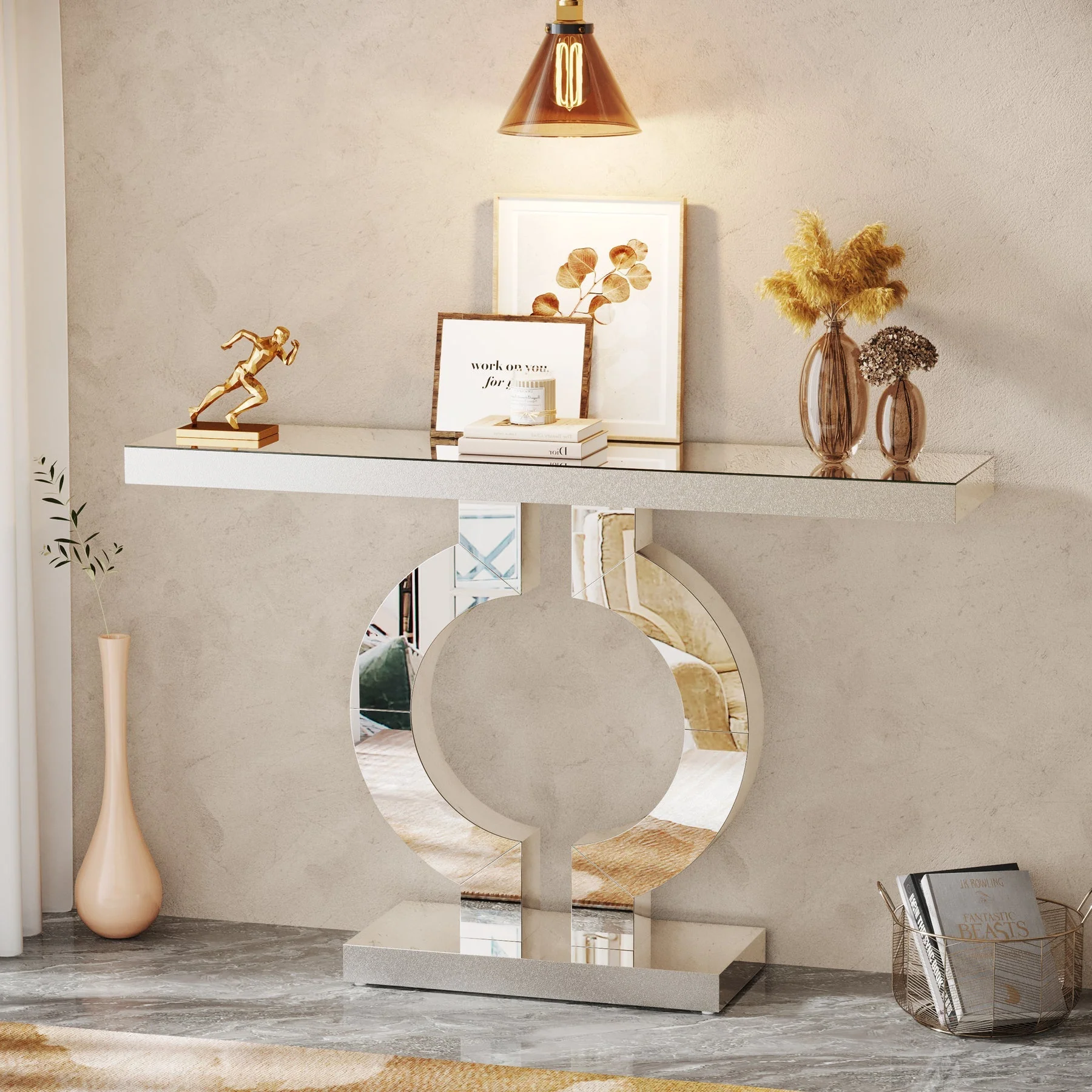 43" Mirrored Console Table, Modern Silver Sofa Table with O-Shaped Base - Image 5