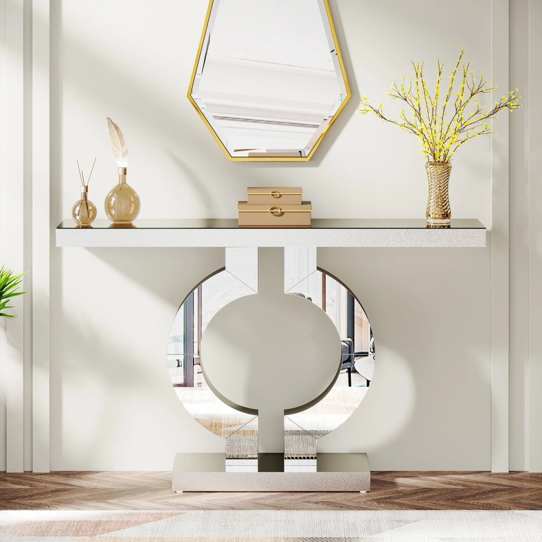 43" Mirrored Console Table, Modern Silver Sofa Table with O-Shaped Base - Image 6