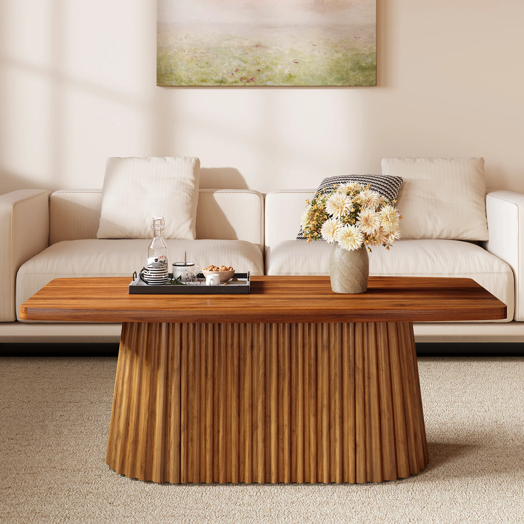 Tribesigns 47.2-Inch Rectangular Coffee Table, Farmhouse Center Table with Pleated Base for Living Room and Family Room