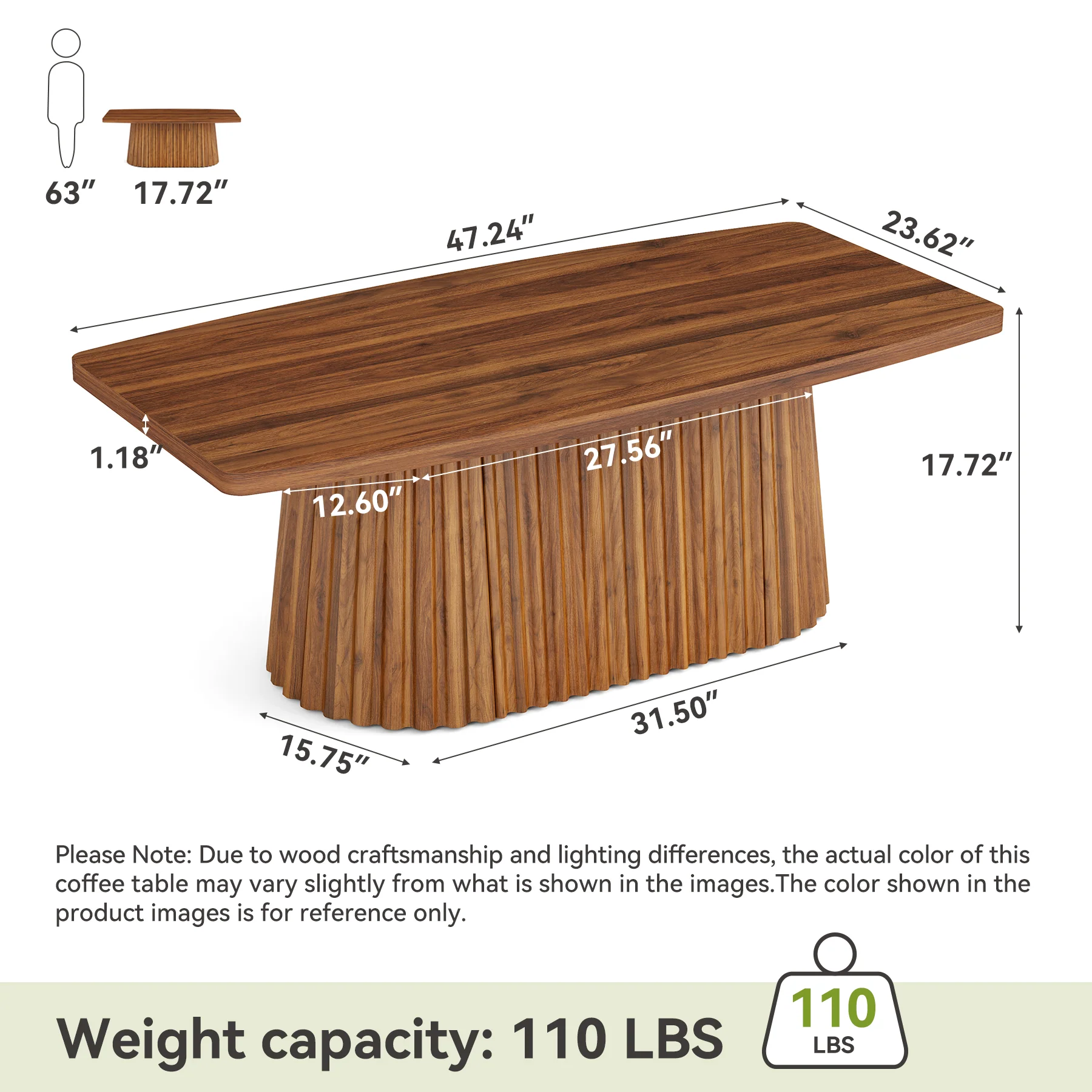 Tribesigns 47.2-Inch Rectangular Coffee Table, Farmhouse Center Table with Pleated Base for Living Room and Family Room - Image 2