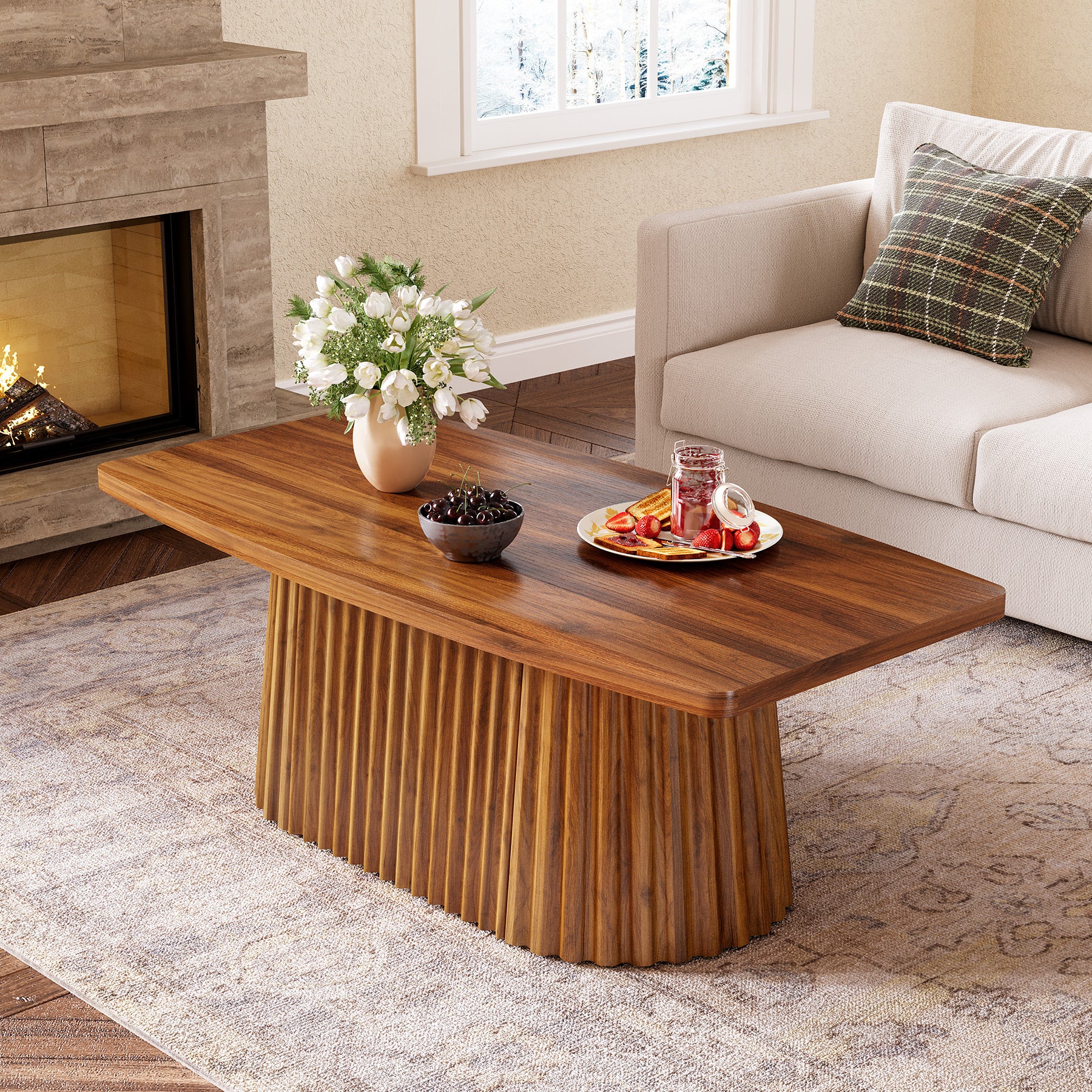 Tribesigns 47.2-Inch Rectangular Coffee Table, Farmhouse Center Table with Pleated Base for Living Room and Family Room - Image 3