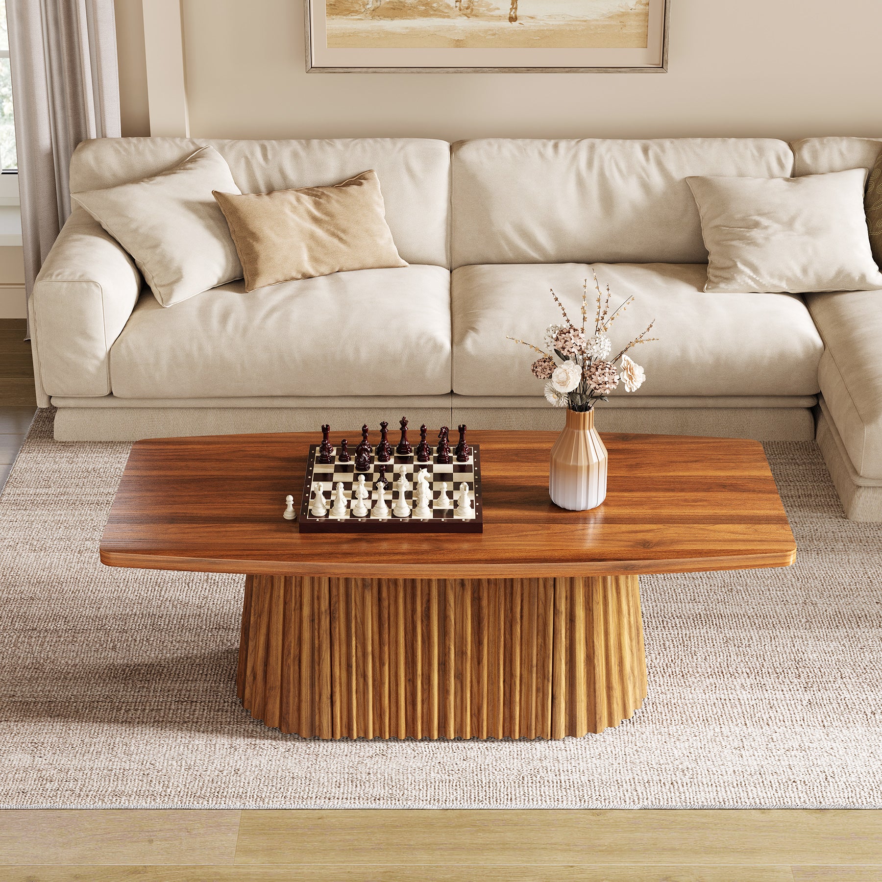 Tribesigns 47.2-Inch Rectangular Coffee Table, Farmhouse Center Table with Pleated Base for Living Room and Family Room - Image 4