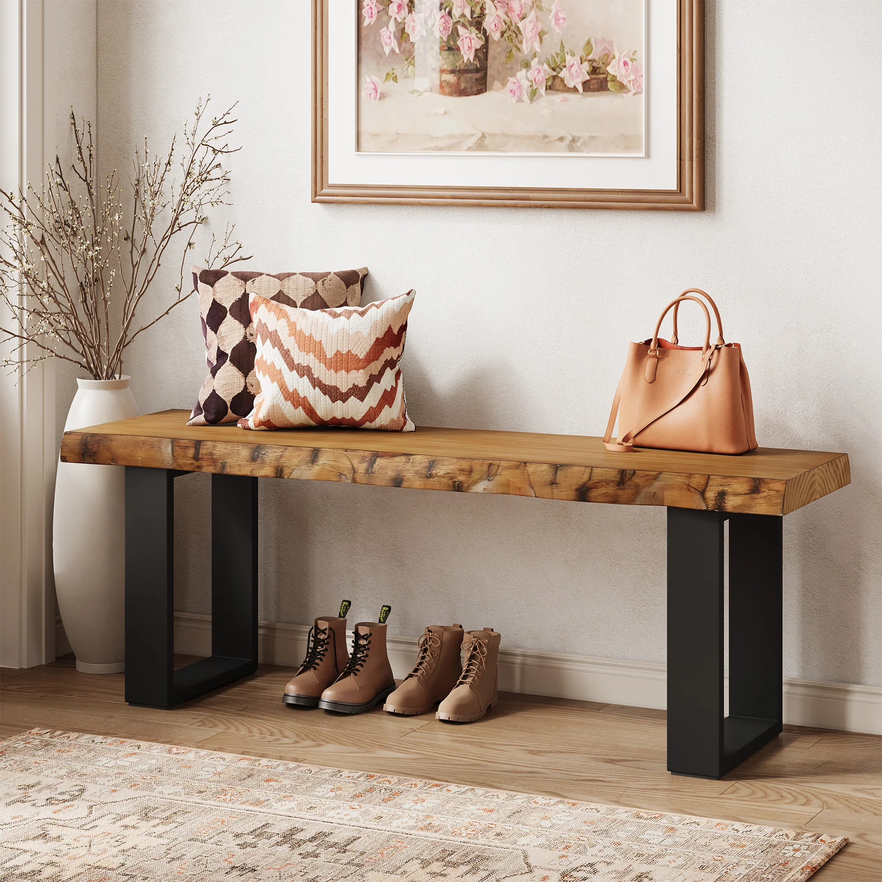 Tribesigns 47.24-Inch Industrial Entryway Bench with Solid Wood Seat, Narrow Shoe Bench for Bedroom and Hallway