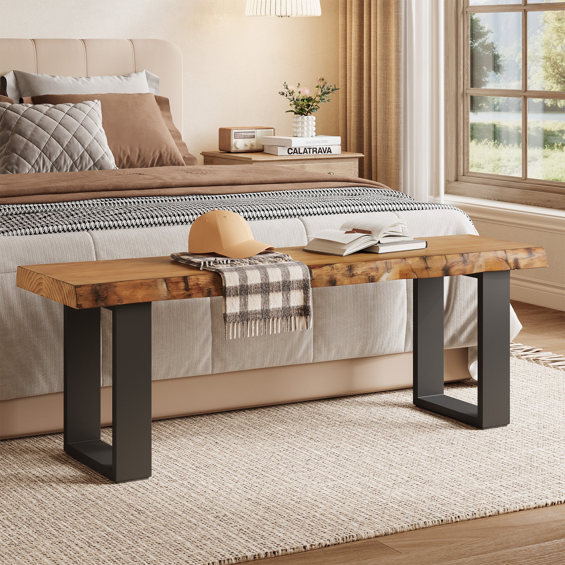 Tribesigns 47.24-Inch Industrial Entryway Bench with Solid Wood Seat, Narrow Shoe Bench for Bedroom and Hallway - Image 6