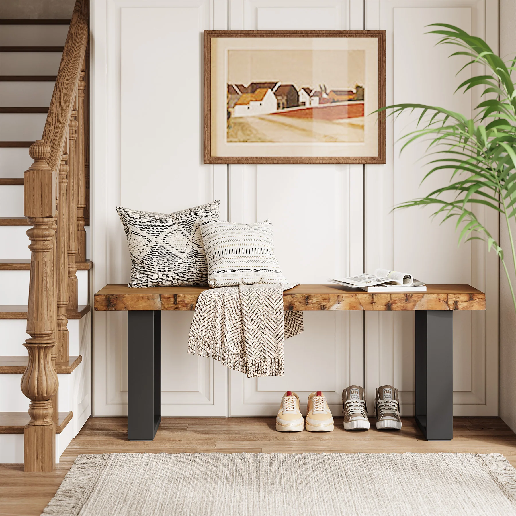 Tribesigns 47.24-Inch Industrial Entryway Bench with Solid Wood Seat, Narrow Shoe Bench for Bedroom and Hallway - Image 8