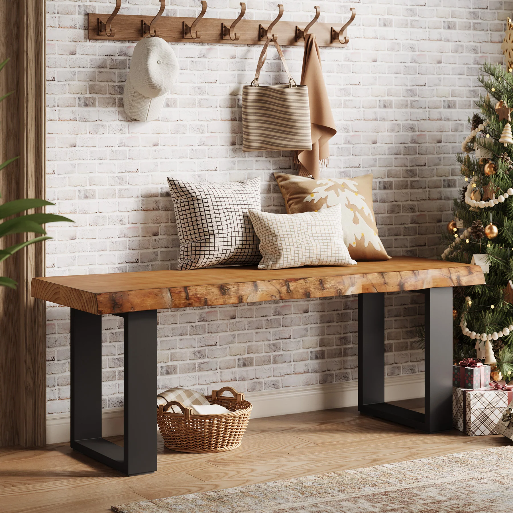 Tribesigns 47.24-Inch Industrial Entryway Bench with Solid Wood Seat, Narrow Shoe Bench for Bedroom and Hallway - Image 9