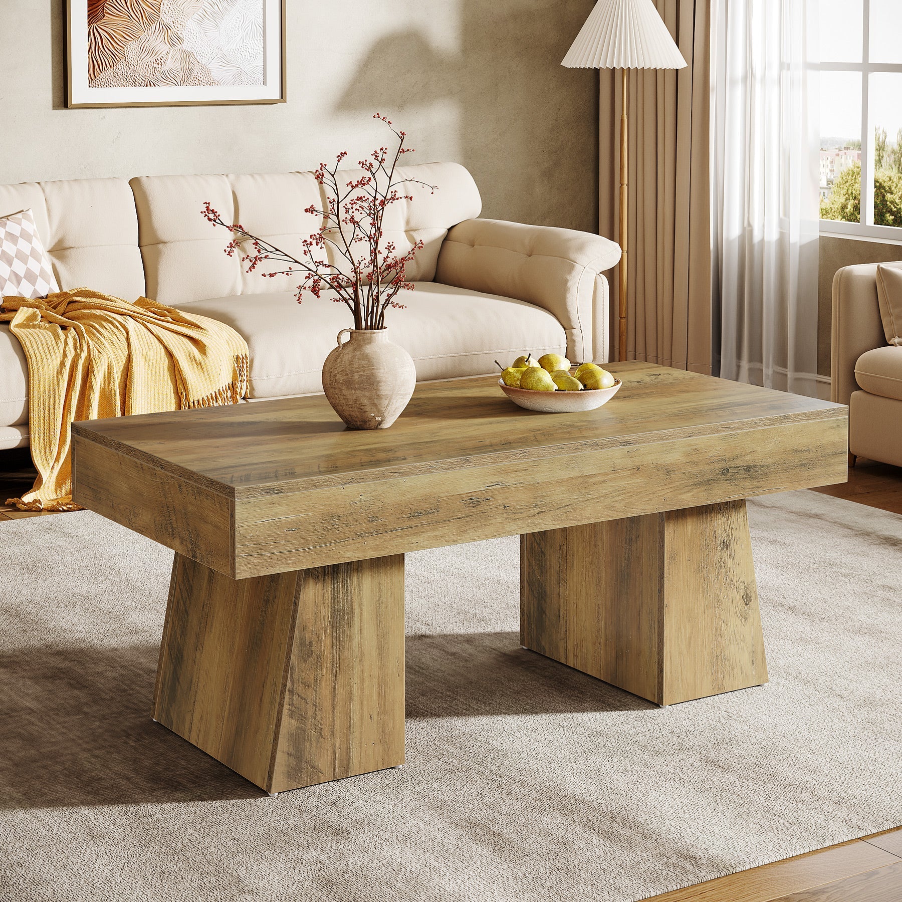 47-Inch Farmhouse Rectangular Coffee Table, Wooden Center Table with Thick Sculptural Base