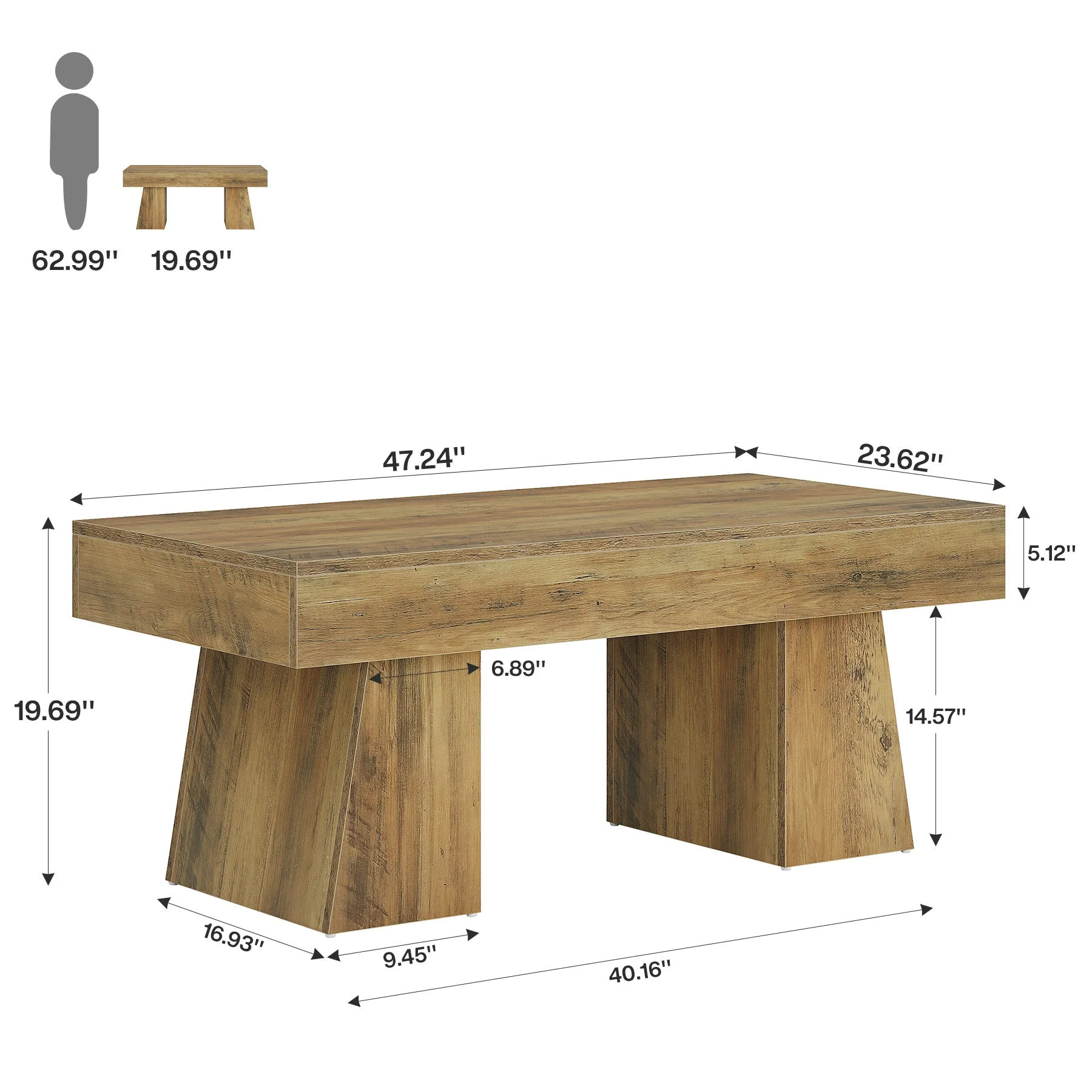 47-Inch Farmhouse Rectangular Coffee Table, Wooden Center Table with Thick Sculptural Base - Image 2