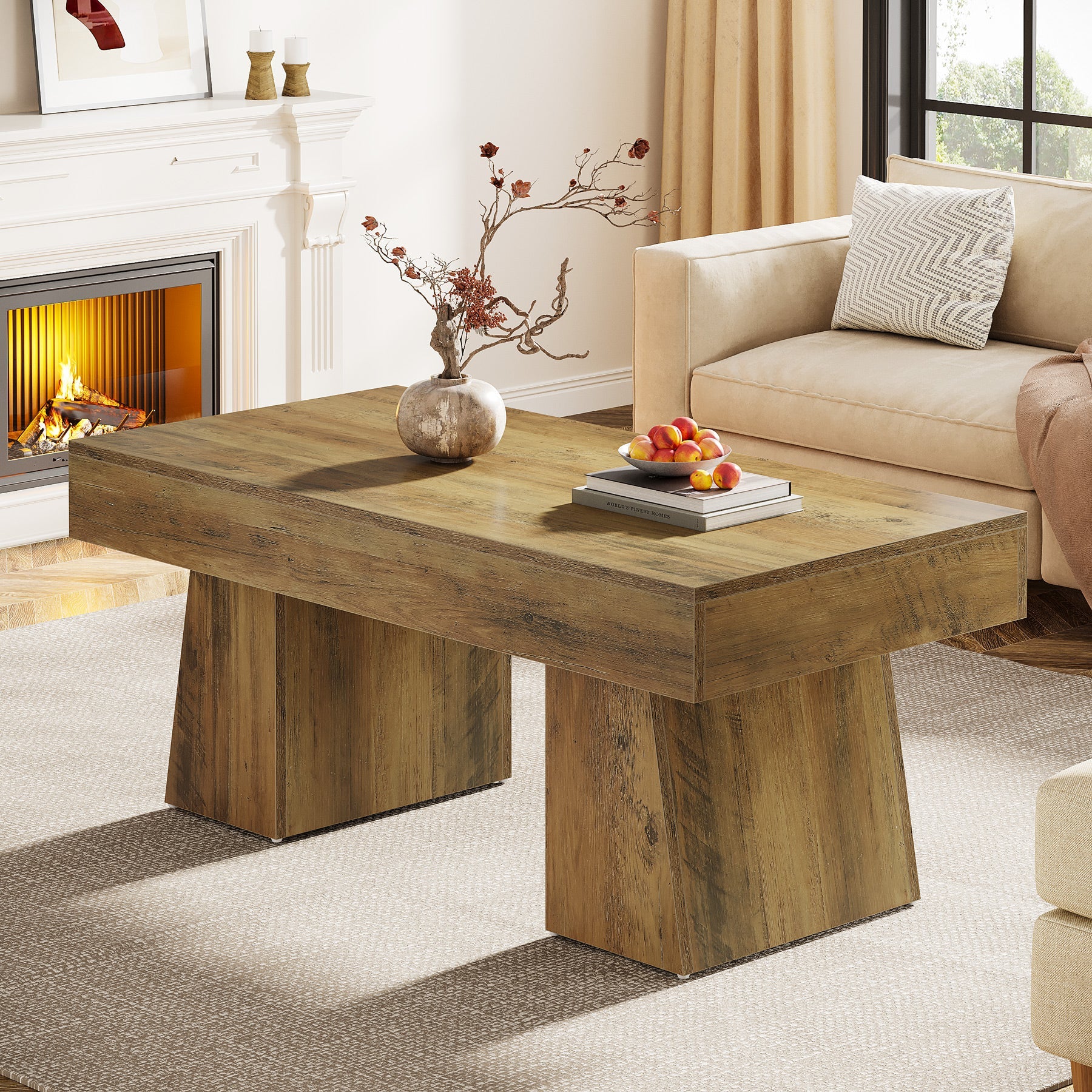 47-Inch Farmhouse Rectangular Coffee Table, Wooden Center Table with Thick Sculptural Base - Image 3