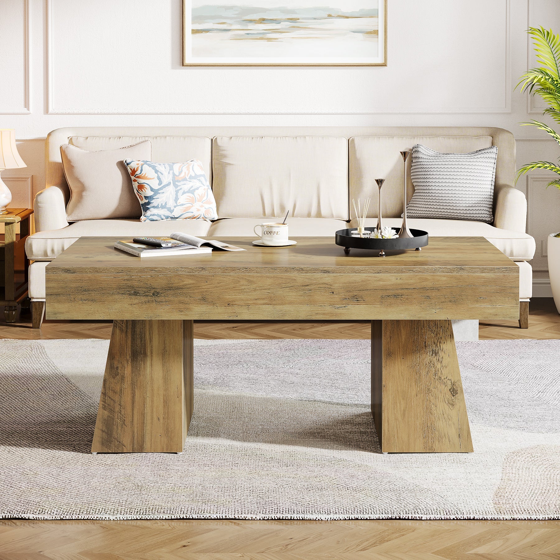 47-Inch Farmhouse Rectangular Coffee Table, Wooden Center Table with Thick Sculptural Base - Image 4