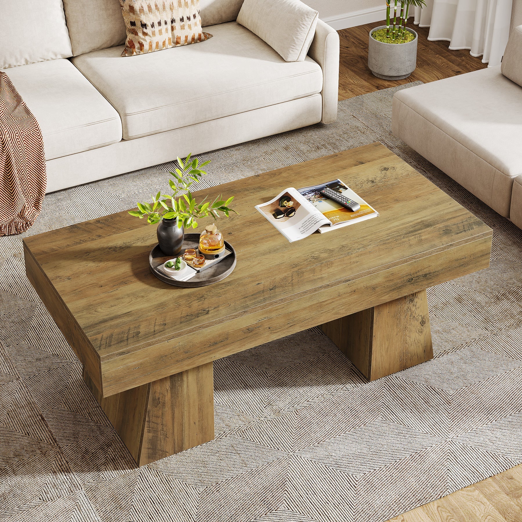 47-Inch Farmhouse Rectangular Coffee Table, Wooden Center Table with Thick Sculptural Base - Image 5