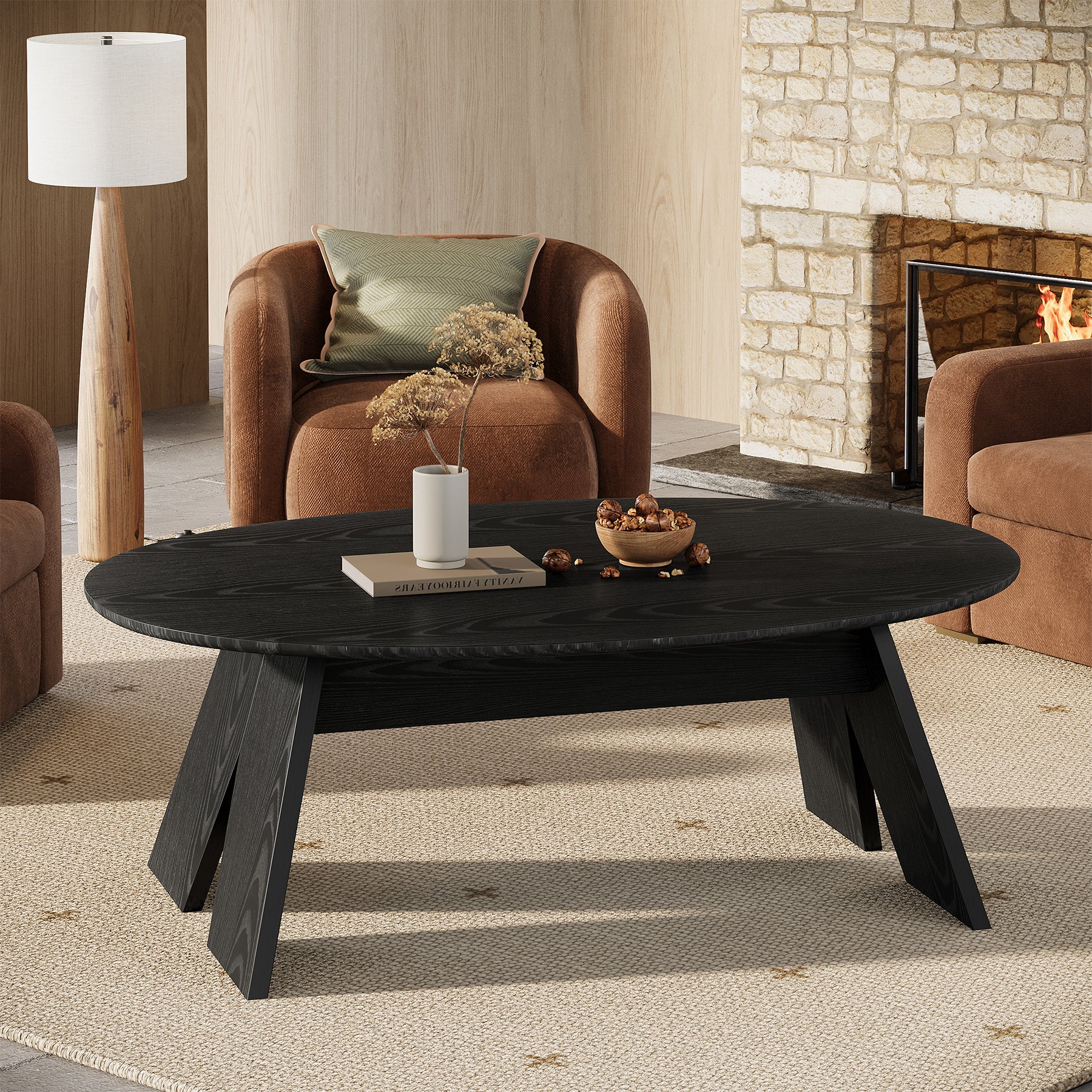 47-Inch Oval Coffee Table for Living Room, Modern Black Center Cocktail Table with Angled Legs - Image 4