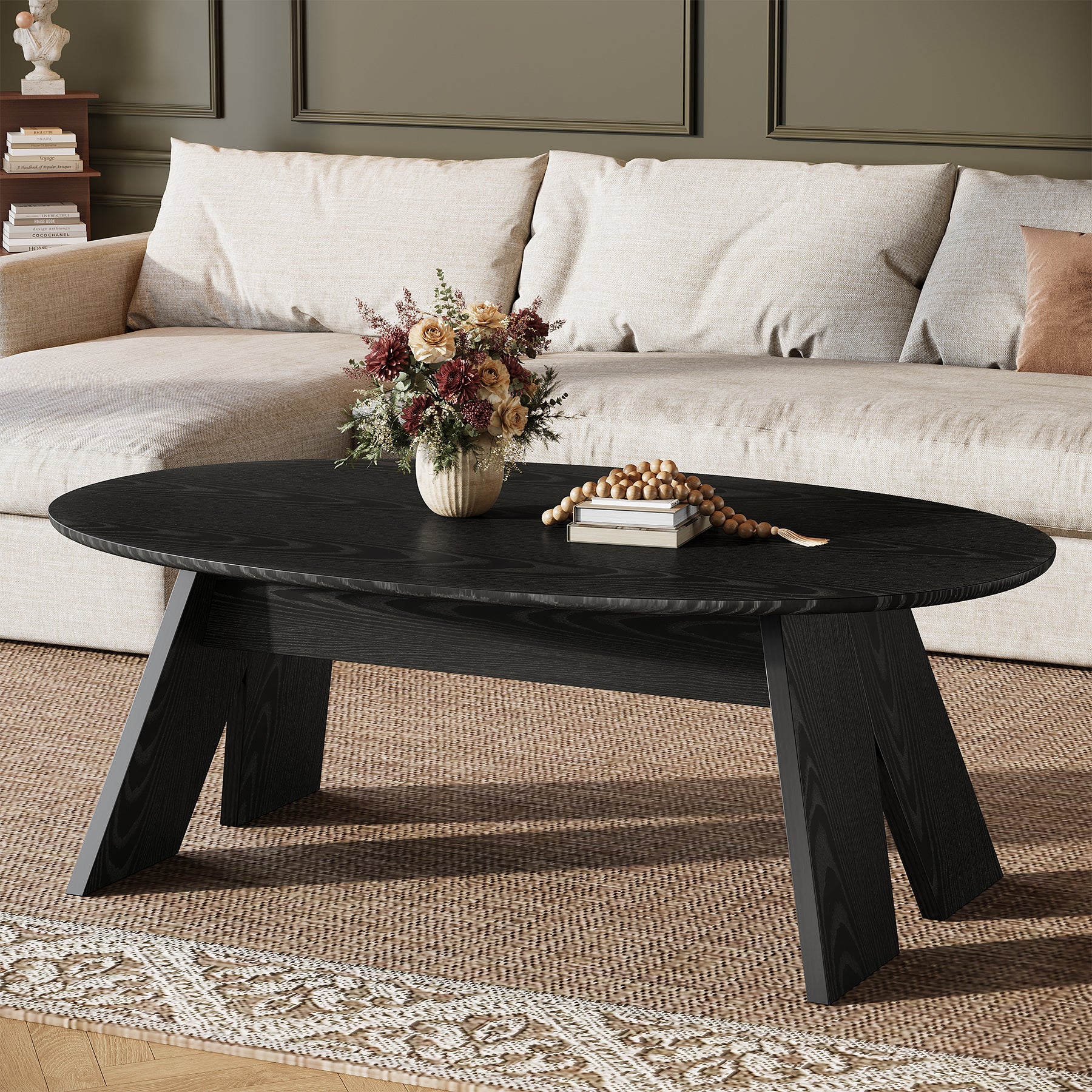 47-Inch Oval Coffee Table for Living Room, Modern Black Center Cocktail Table with Angled Legs - Image 5