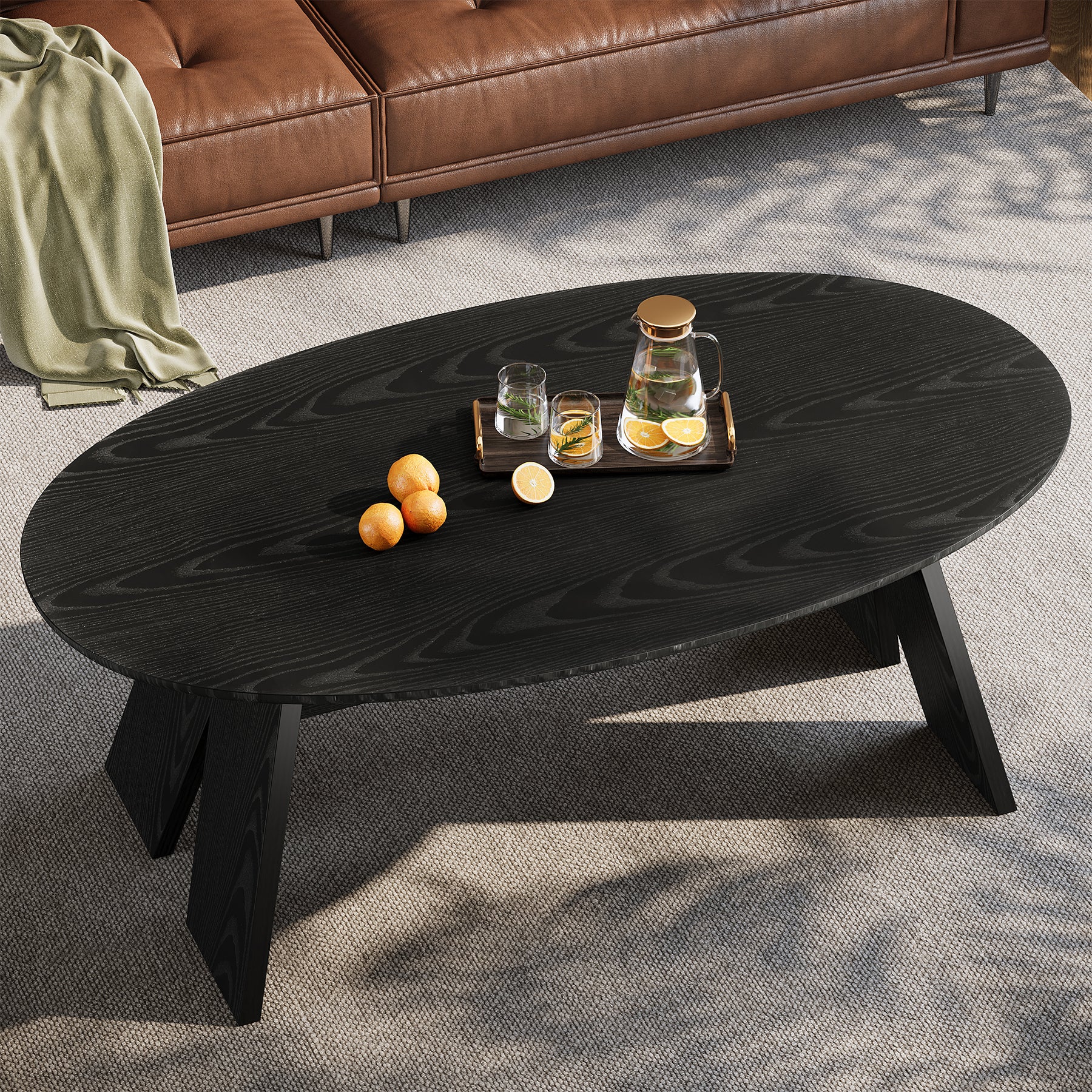 47-Inch Oval Coffee Table for Living Room, Modern Black Center Cocktail Table with Angled Legs - Image 6