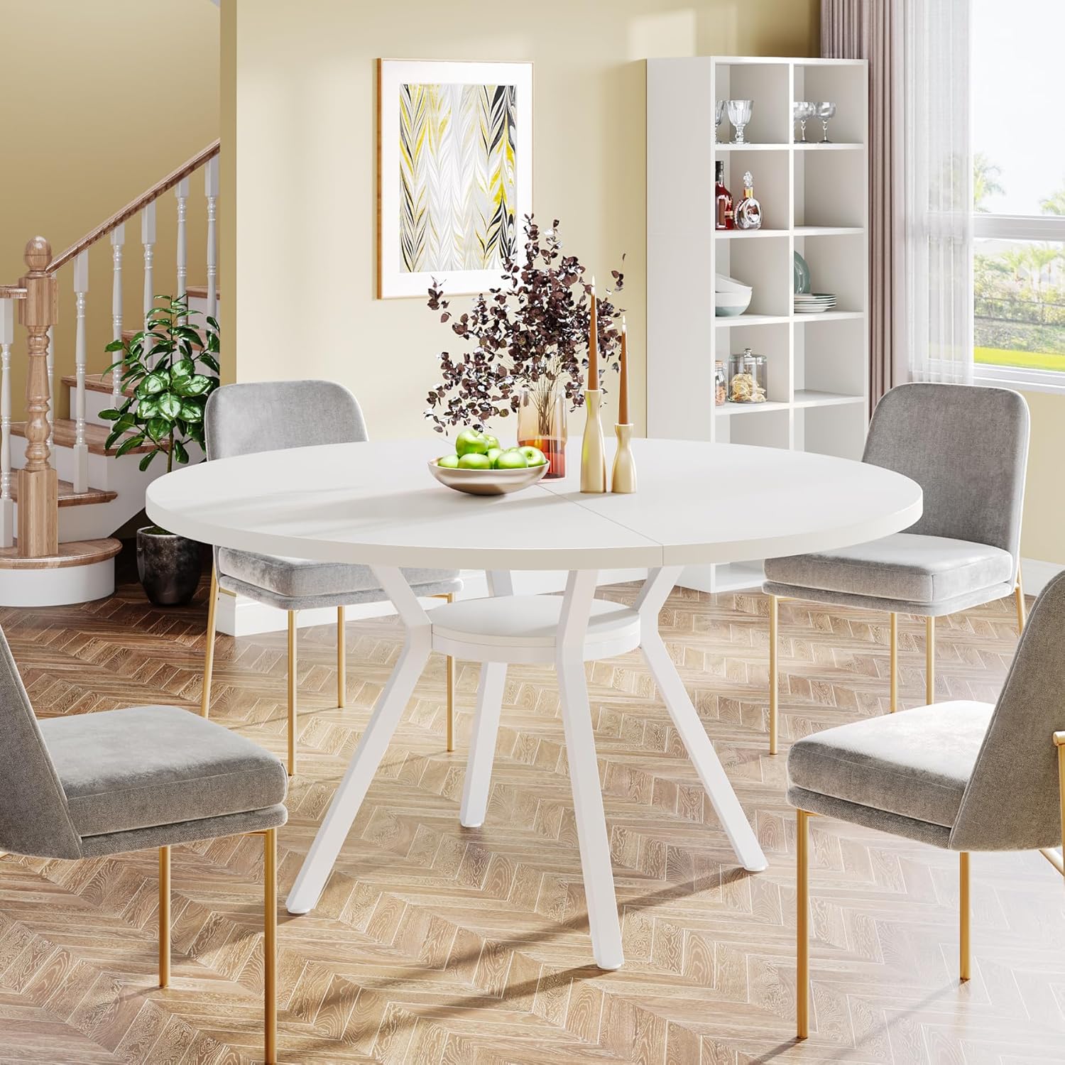 Tribesigns 47 Inch Round Dining Table, Modern White Kitchen Table for 6-8 People with Metal Legs for Dining Room - Image 3