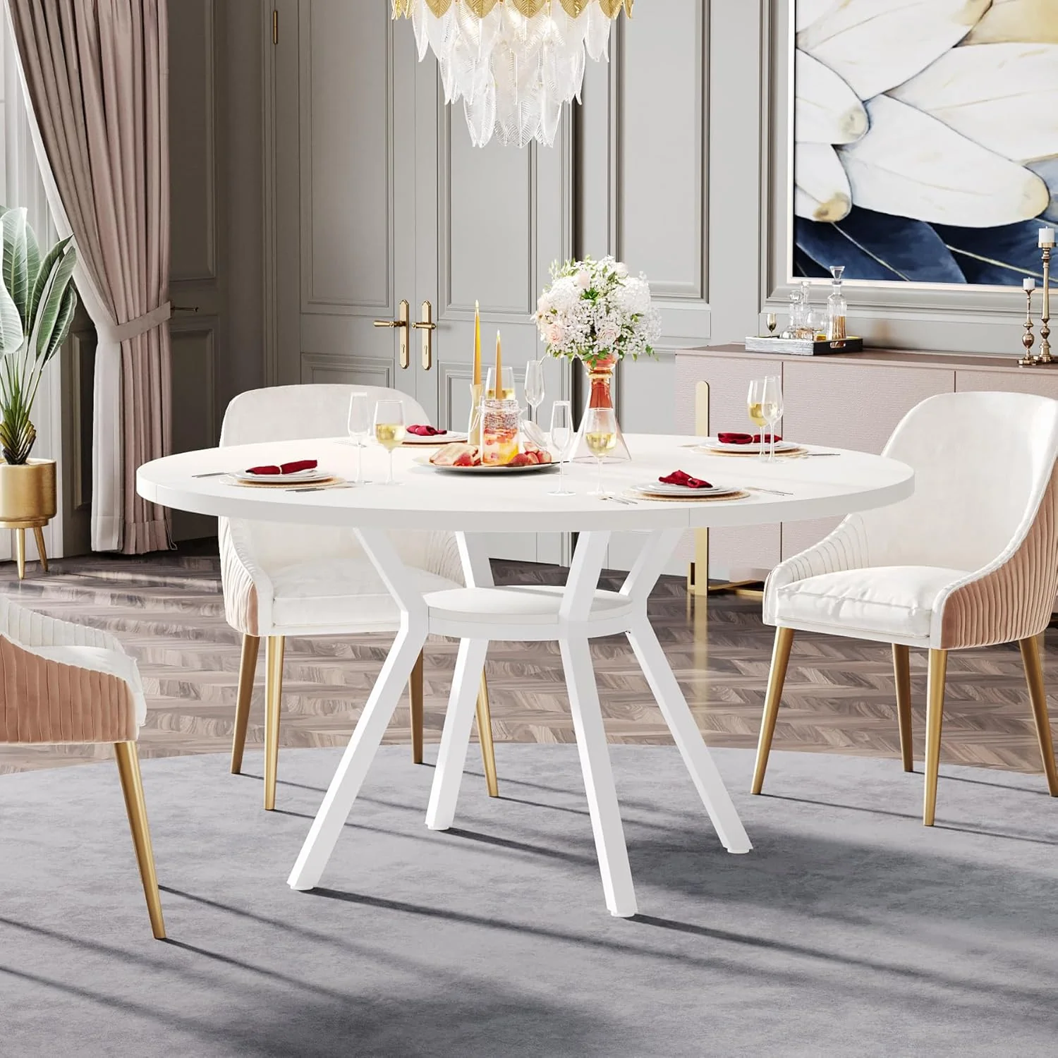 Tribesigns 47 Inch Round Dining Table, Modern White Kitchen Table for 6-8 People with Metal Legs for Dining Room - Image 4