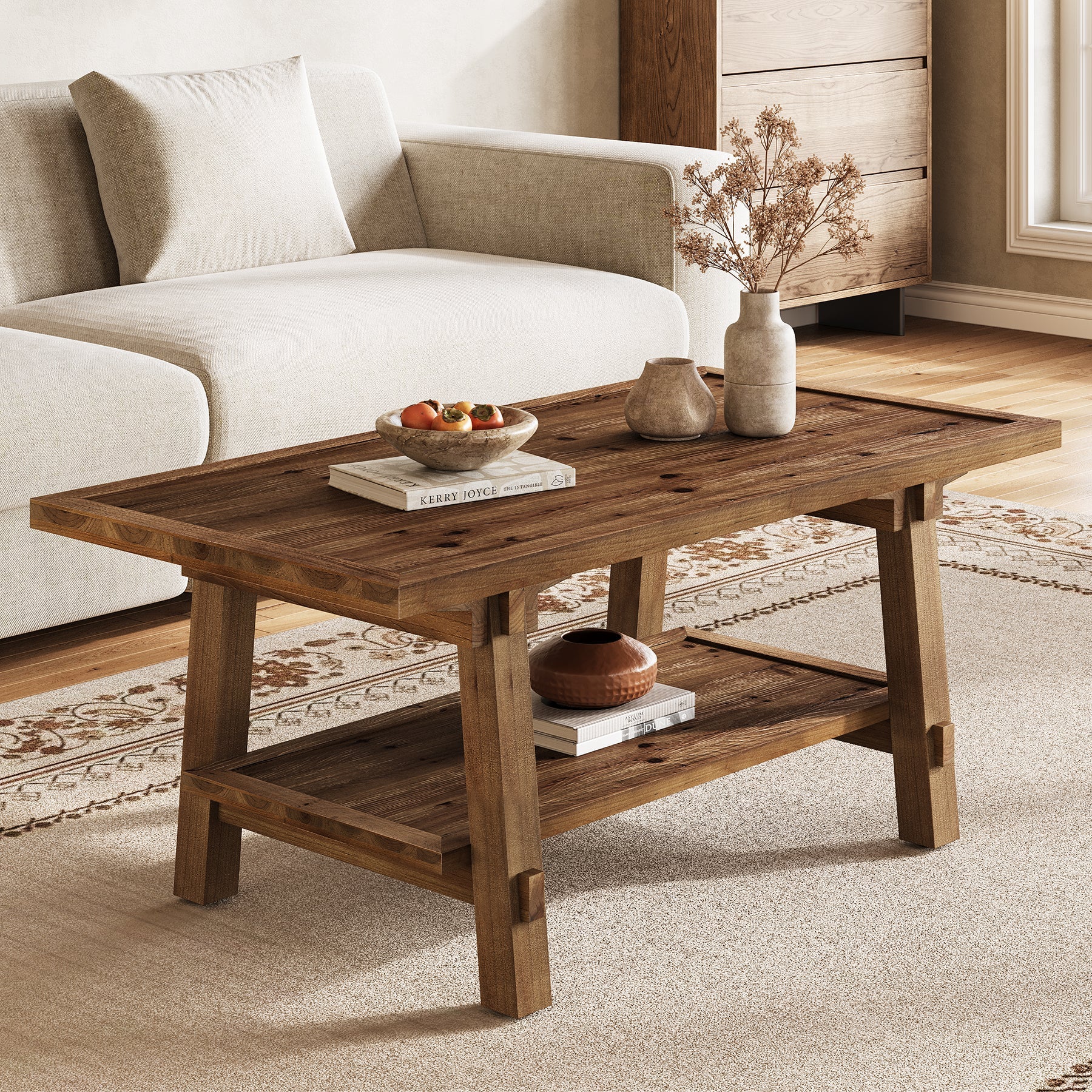 47 Inch Solid Wood Coffee Table, Rustic Farmhouse Rectangle Center Table - Image 3