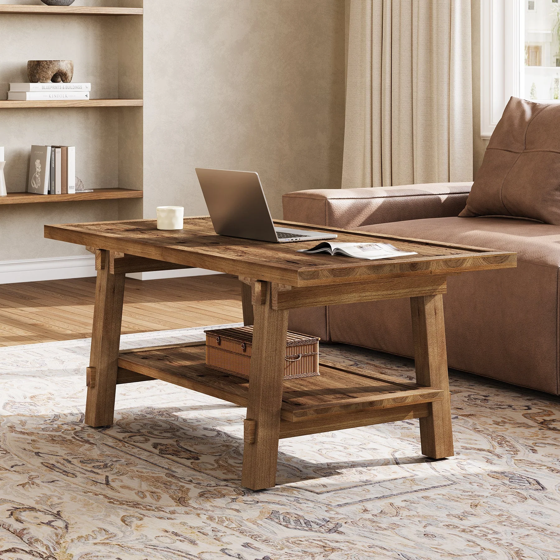 47 Inch Solid Wood Coffee Table, Rustic Farmhouse Rectangle Center Table - Image 4
