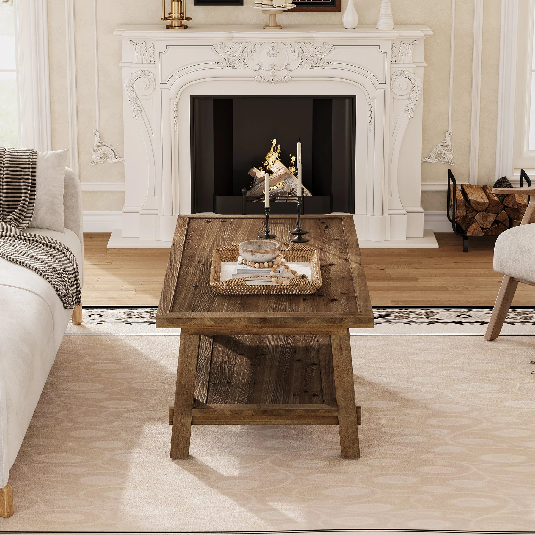 47 Inch Solid Wood Coffee Table, Rustic Farmhouse Rectangle Center Table - Image 5