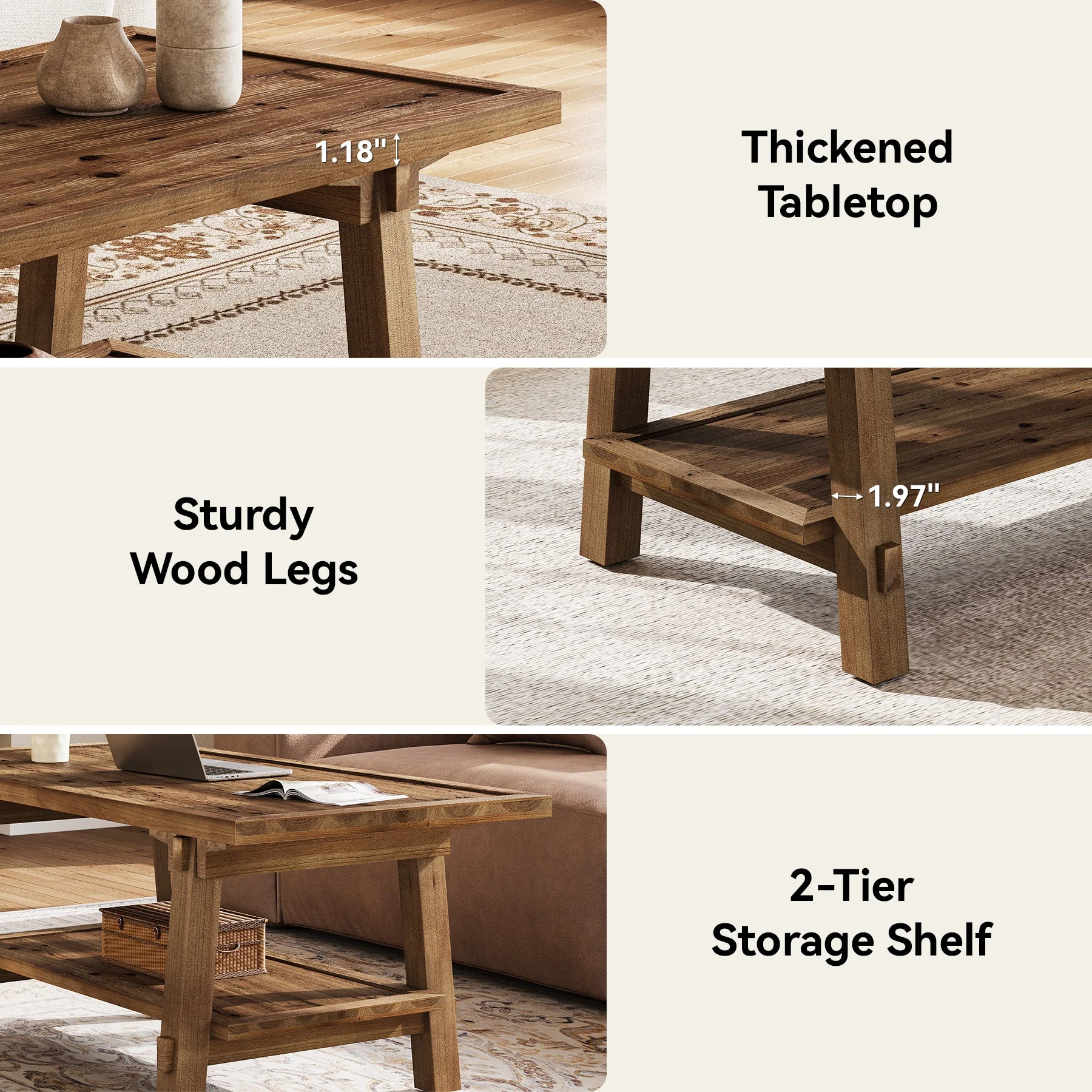 47 Inch Solid Wood Coffee Table, Rustic Farmhouse Rectangle Center Table - Image 6