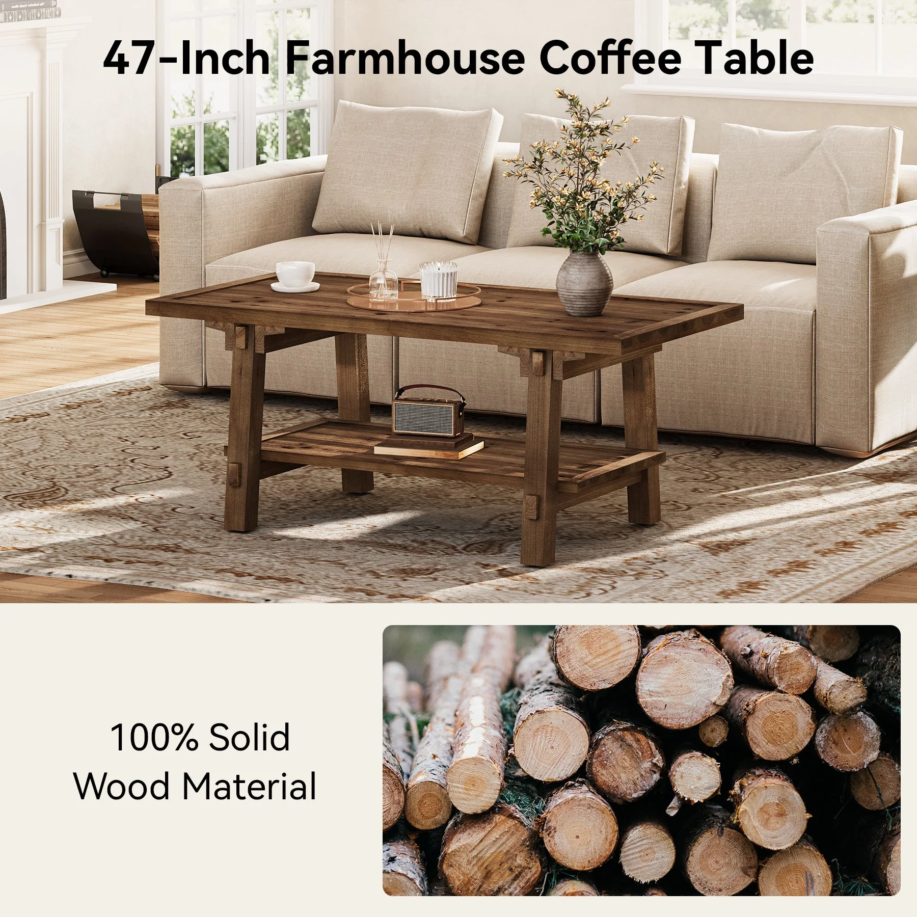 47 Inch Solid Wood Coffee Table, Rustic Farmhouse Rectangle Center Table - Image 7