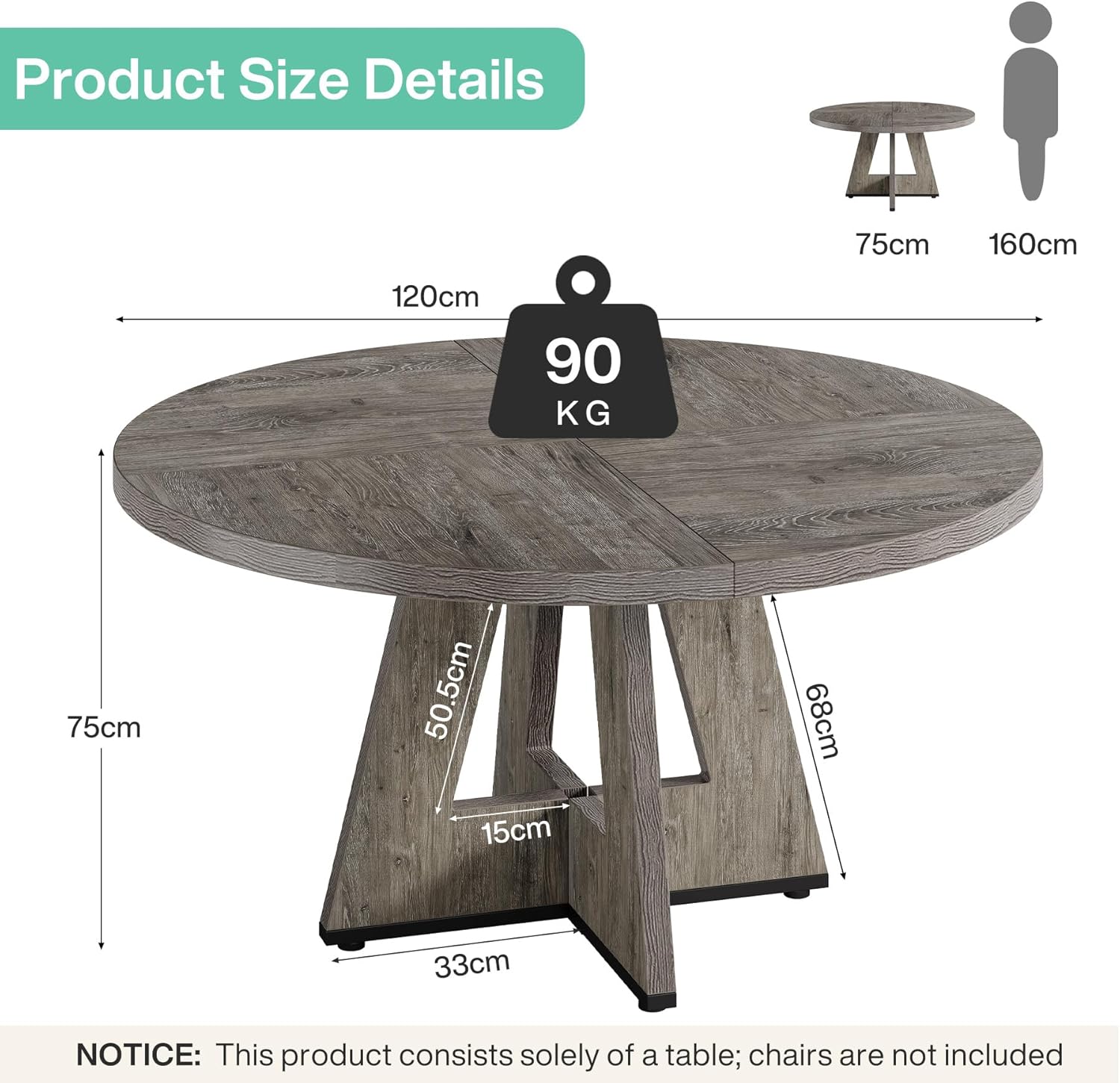 47-Inch Round Dining Table, Farmhouse Wood Kitchen Table for 4-6 with Cross Base - Image 11