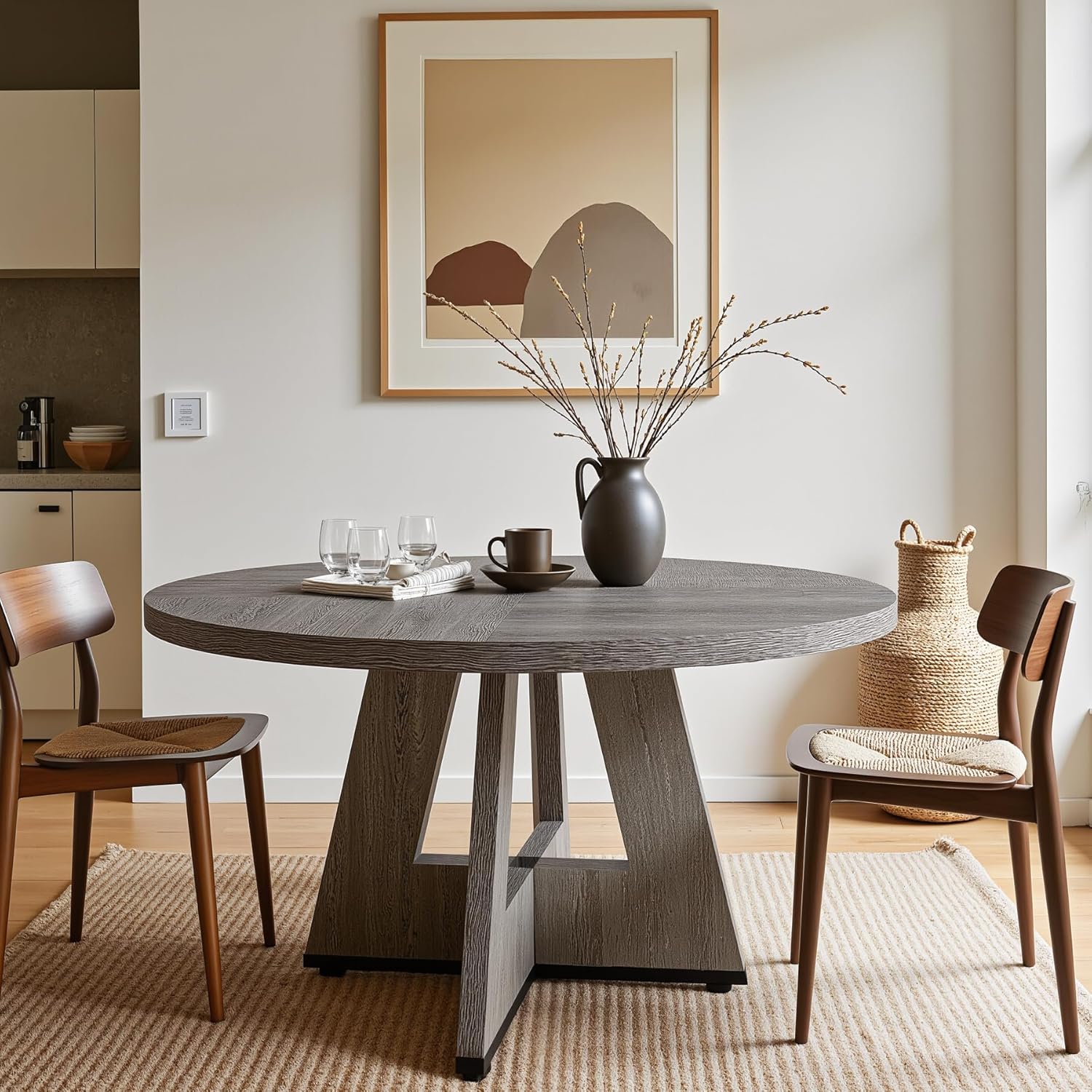 47-Inch Round Dining Table, Farmhouse Wood Kitchen Table for 4-6 with Cross Base - Image 14