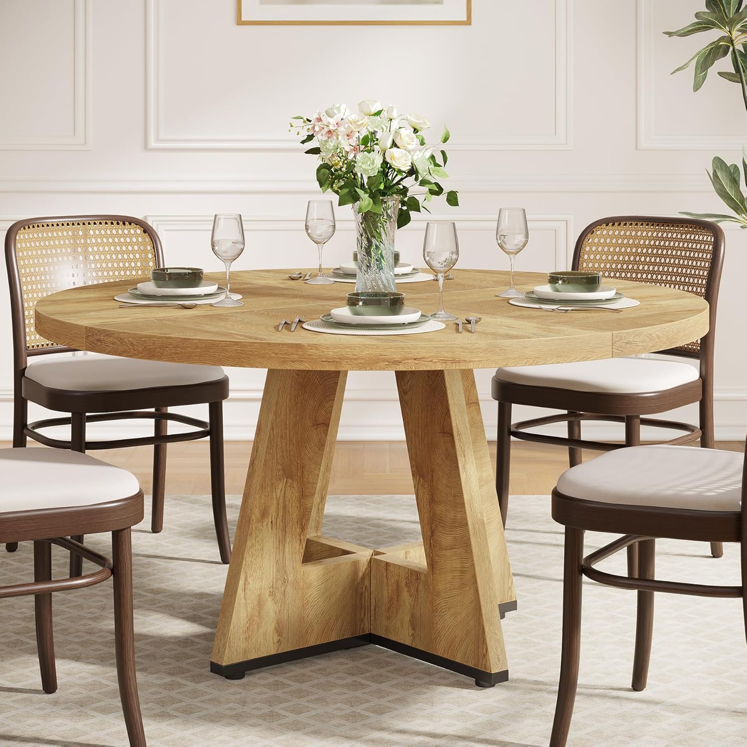 47-Inch Round Dining Table, Farmhouse Wood Kitchen Table for 4-6 with Cross Base - Image 21